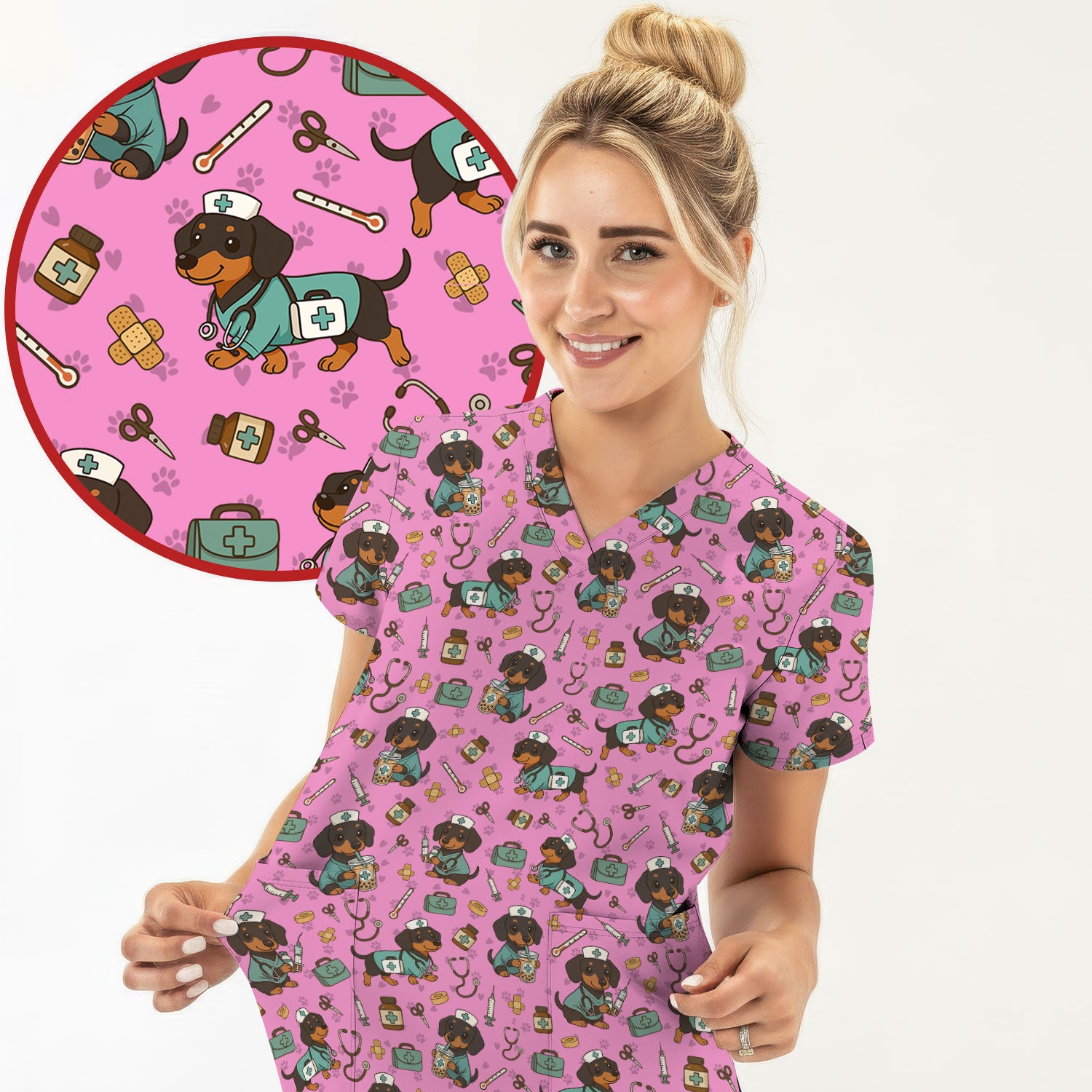 Funny Dachshund Nurse Scrubs - Cute Dog Print Medical Shirt - Holiday Nurse Scrub Top Gift for RN CNA Doctor, Women & Men