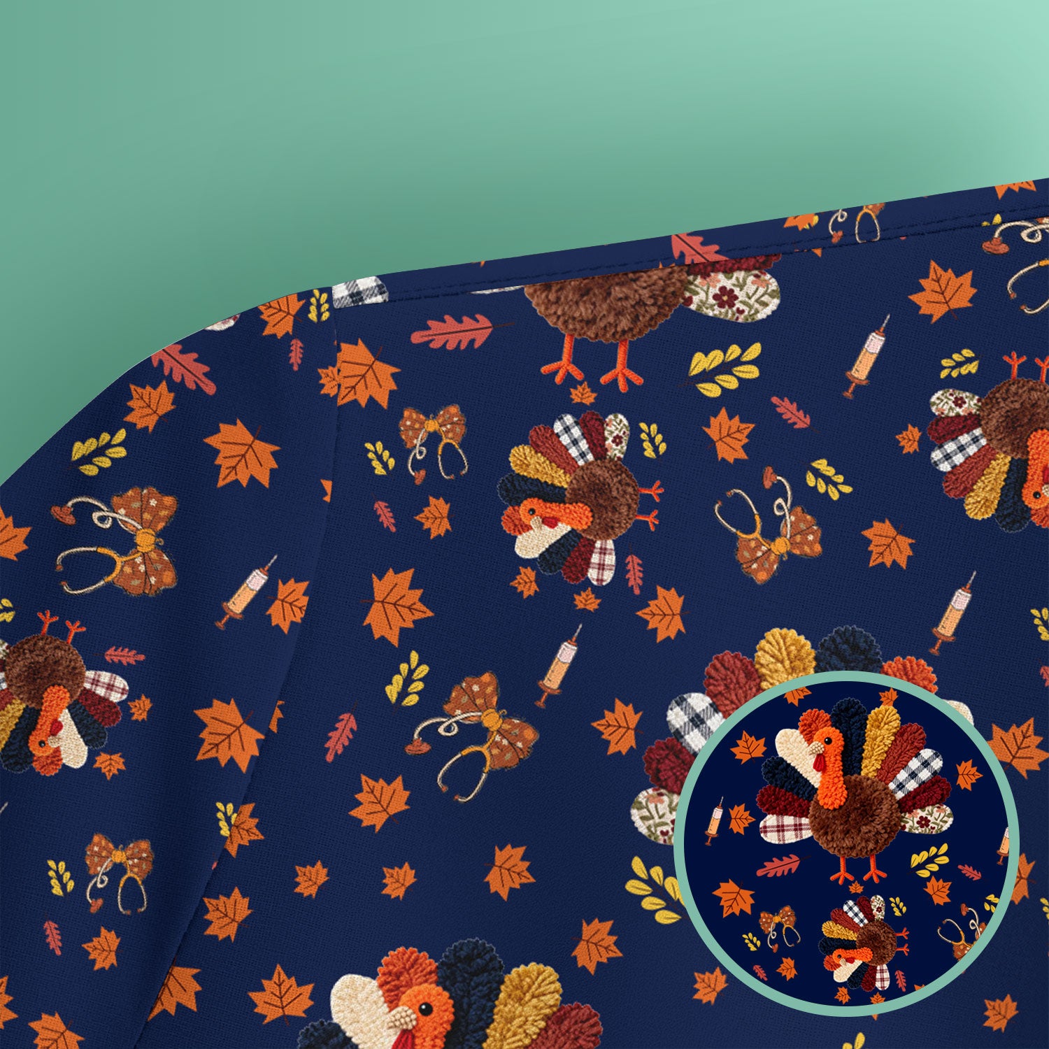 Funny Thanksgiving Nurse Scrub Top - Fall Leaves and Pumpkin Shirt - Autumn Turkey Med Uniform Gift for RN CNA LPN