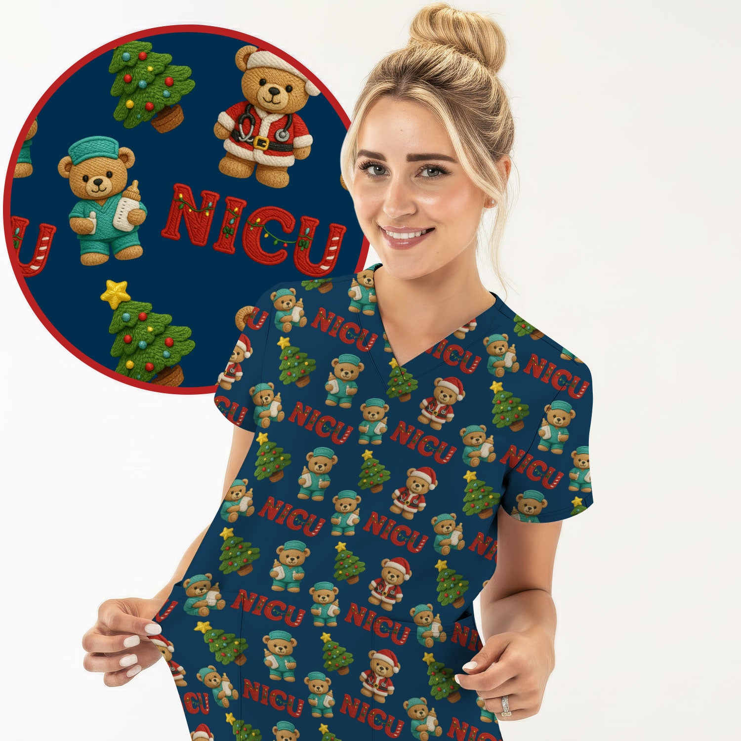 Festive Christmas NICU Nurse Teddy Bear Pattern, Breathable Fabrics Nursing Uniform