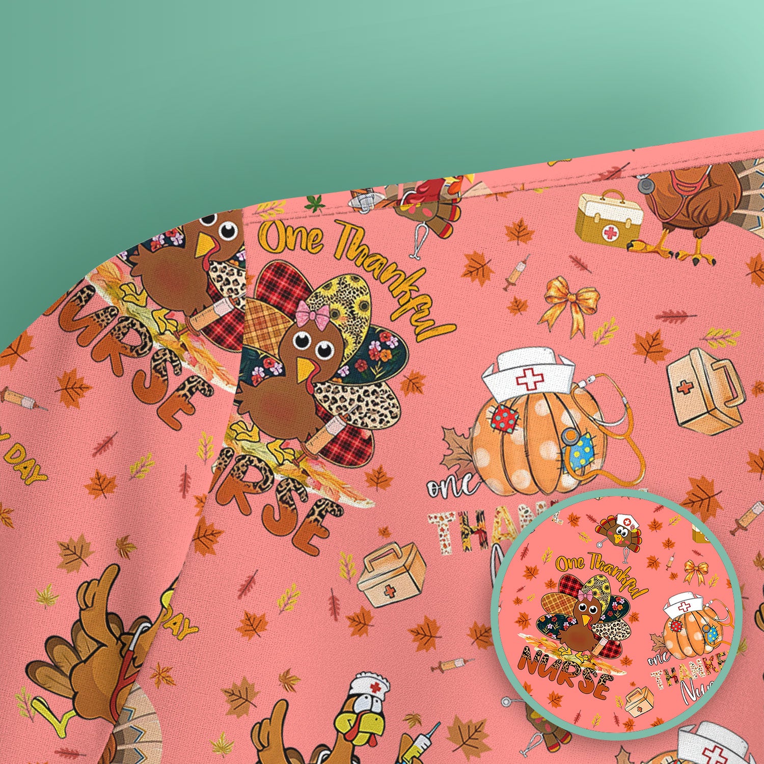 Thanksgiving Nurse Shirt for Women - Turkey Pumpkin Scrub Top for Nurses - Fall Med Uniform for RN CNA LPN