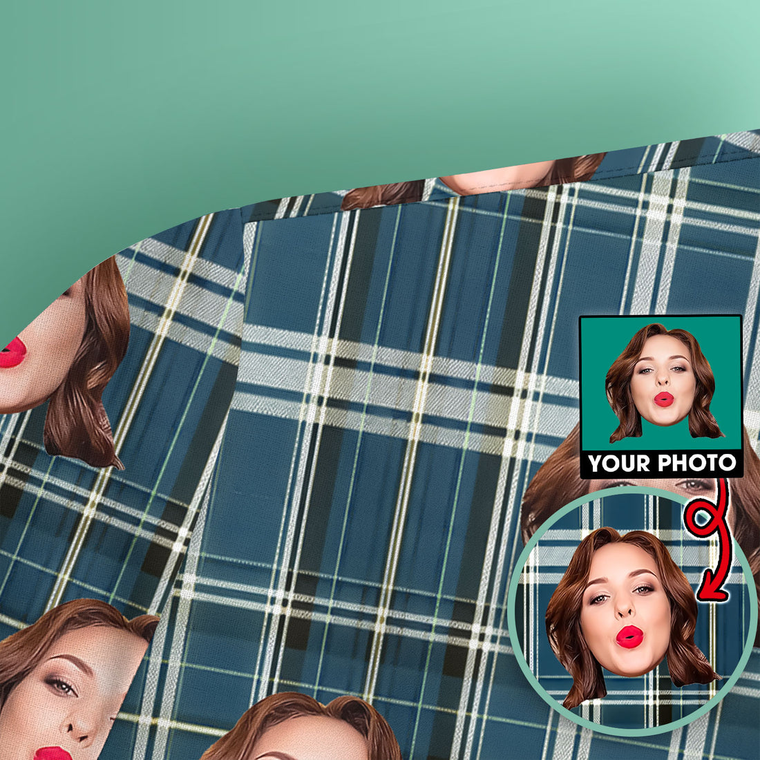 Personalized Funny Face Plaid Scrub Top, Custom Photo Pattern Medical Shirt, Breathable Fabrics Nursing Uniform