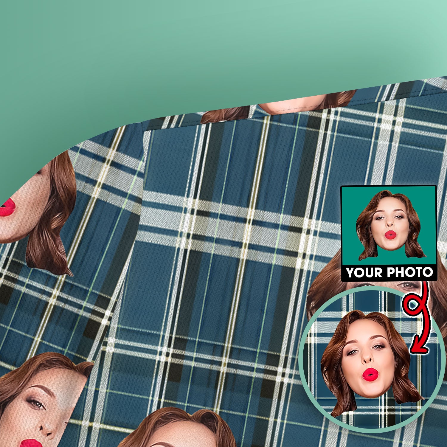 Personalized Funny Face Plaid Scrub Top, Custom Photo Pattern Medical Shirt, Breathable Fabrics Nursing Uniform