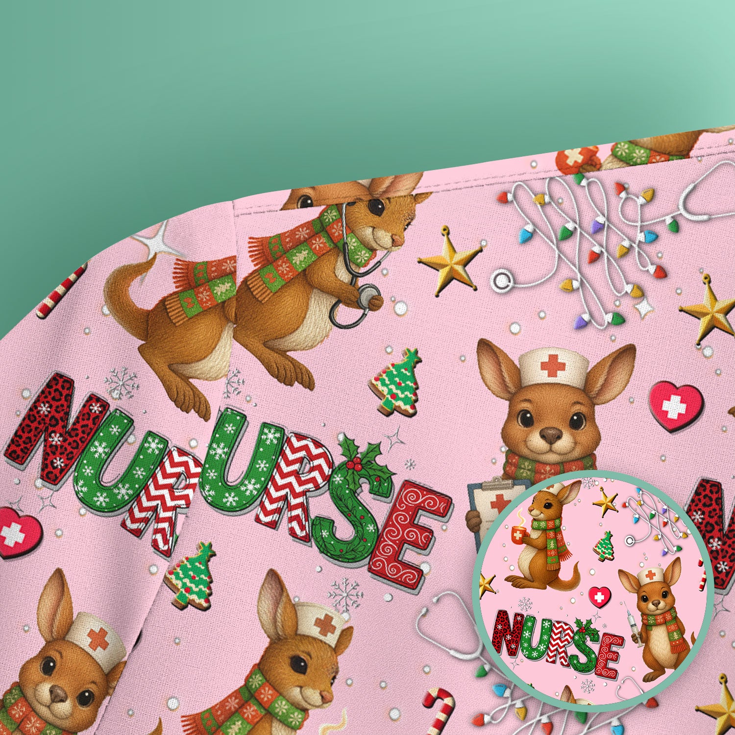 Aussie Kangaroo Christmas Scrub Top - Funny Holiday Nurse Shirt for Women - Cute Animal Medical Uniform