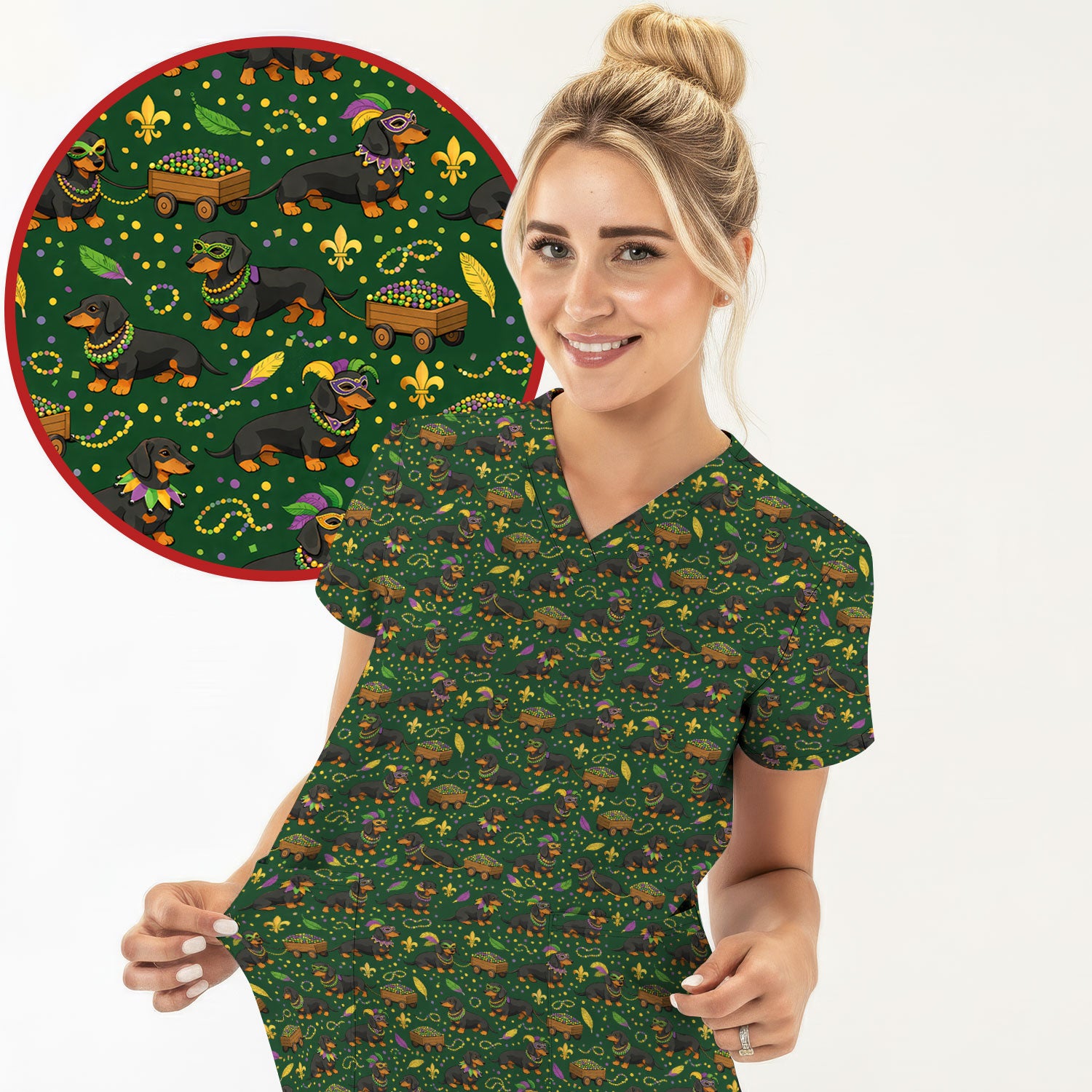 Funny Mardi Gras Dachshund Scrub Top, Festival Wiener Dog Pattern Nurse Shirt, Breathable Fabrics Nursing Uniform
