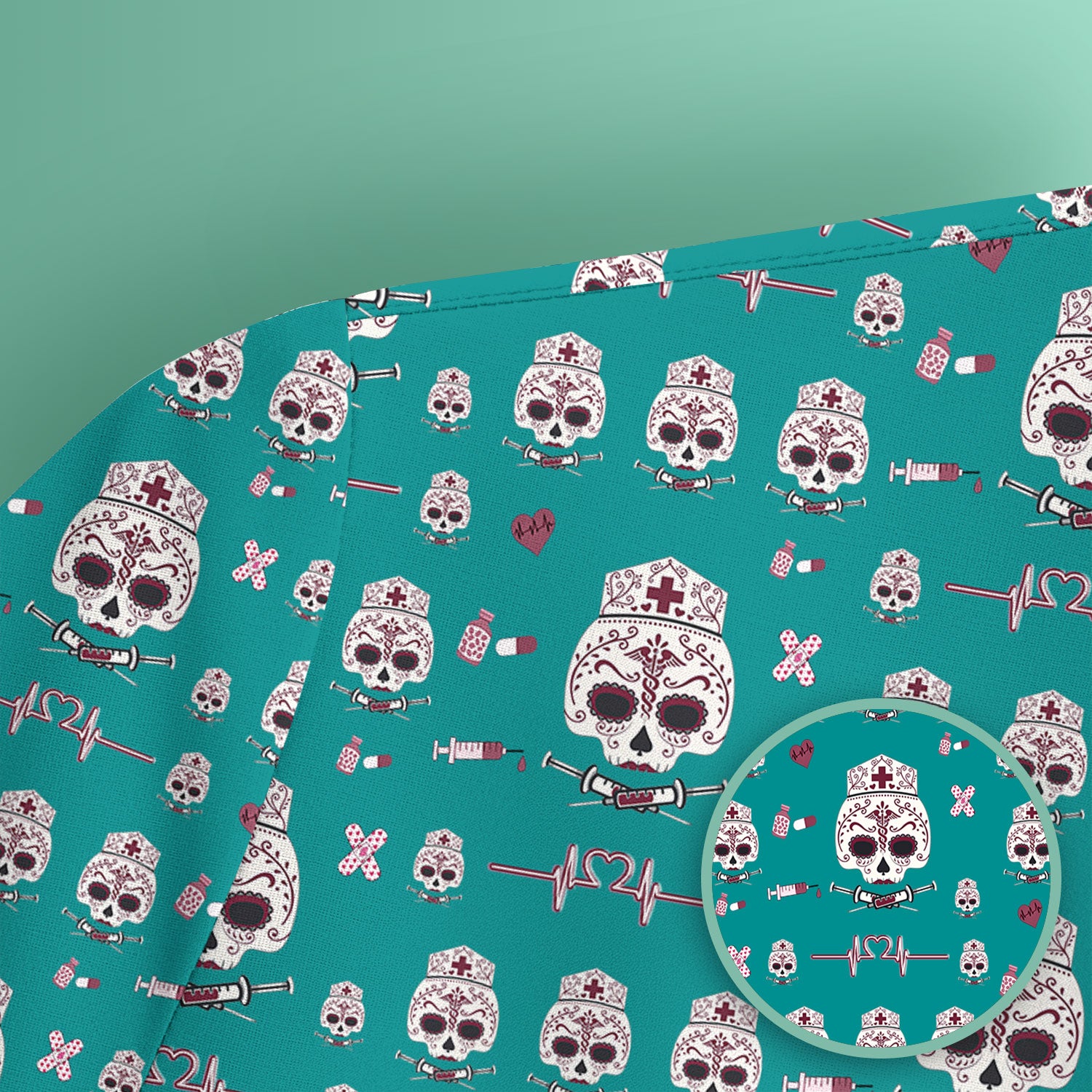 Sugar Skull Scrub Top, Skull Pattern Scrub Shirt, Breathable Fabrics Nursing Uniform