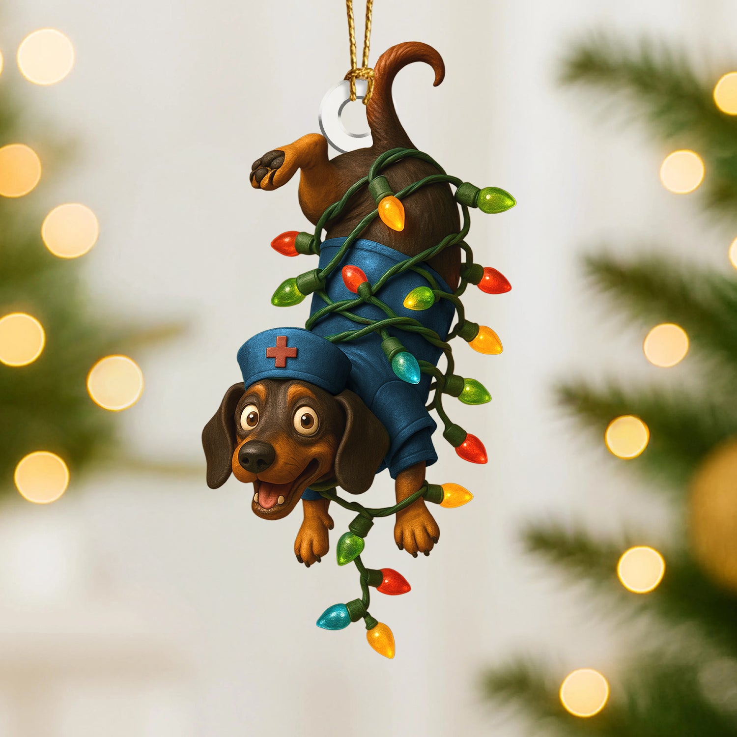 Personalized Nurse Dachshund Ornament, Funny Wiener Dog Christmas Ornament With Lights, Custom Medical Ornament for RN, LPN, CNA Gift