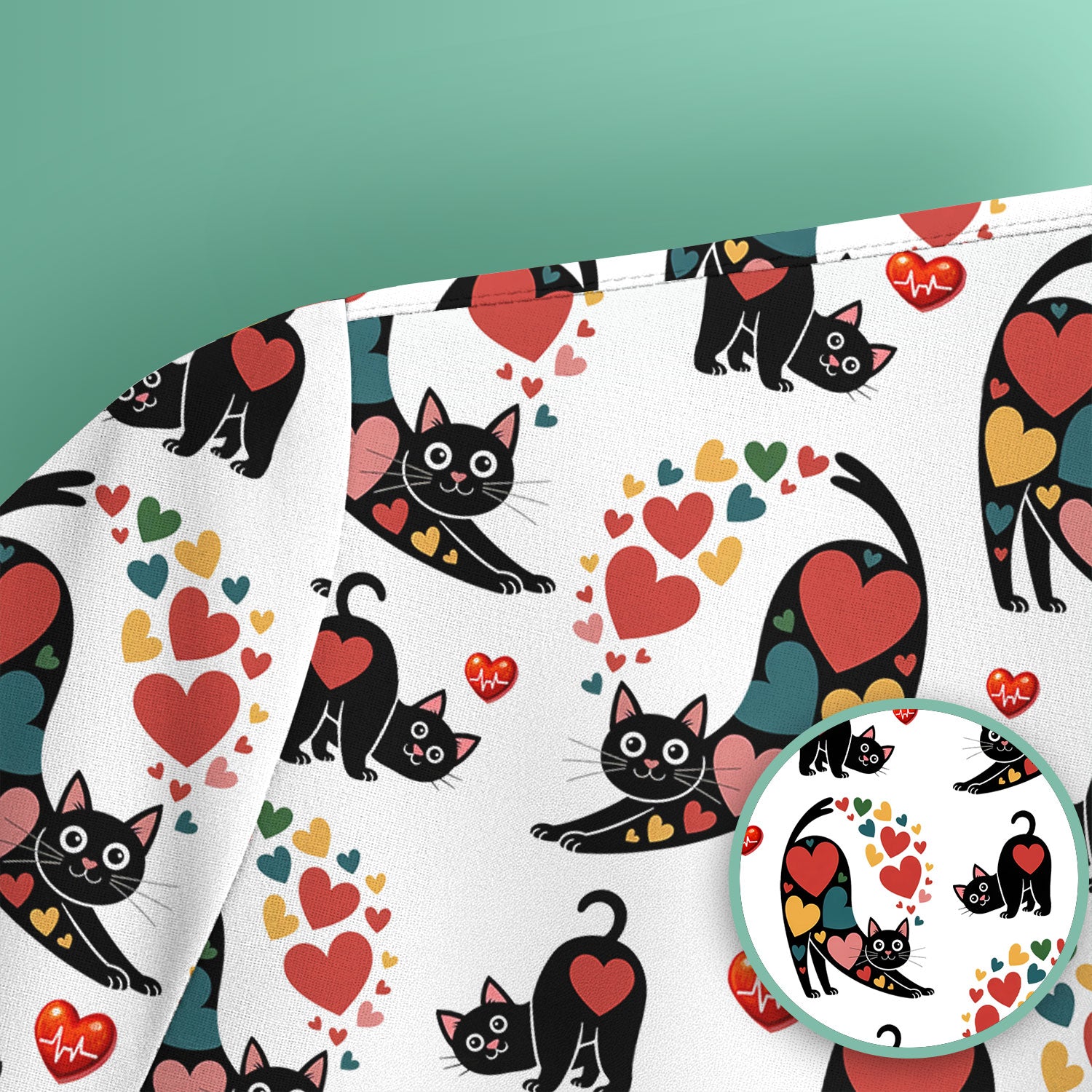 Playful Cat Valentine Heart Print Nurse Scrub Top, Comfortable Scrubs for Nurses