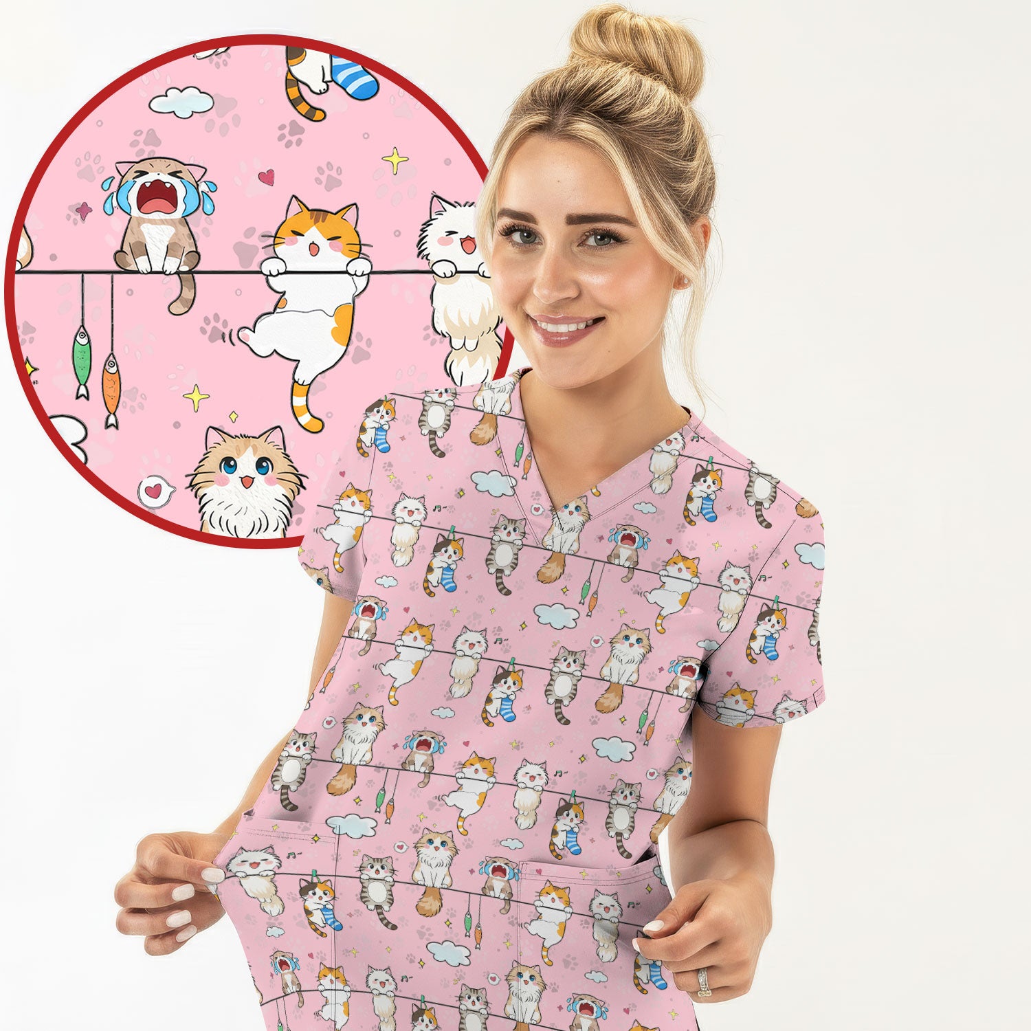Funny Cats With Cute Expressions Pattern Scrubs Top, Comfortable Scrubs for Nurses