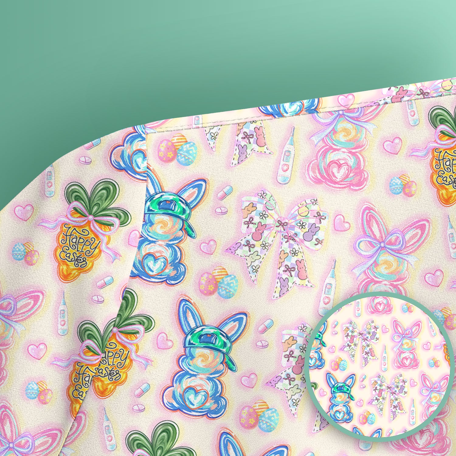 Easter Bunny Carrot Bow Floral Print Scrub Top, Comfortable Scrubs for Nurses