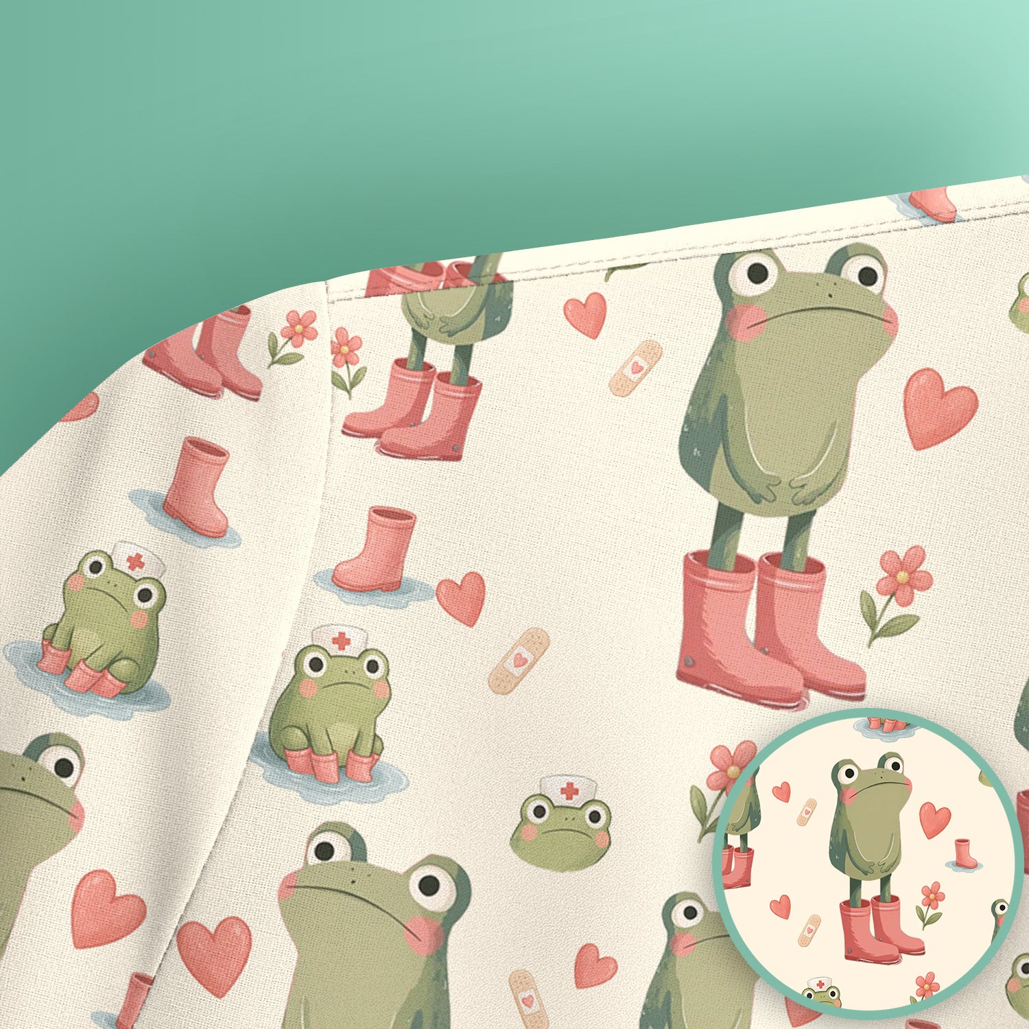 Adorable Frog Boots Heart Pattern Scrub Top, Comfortable Scrubs for Nurses
