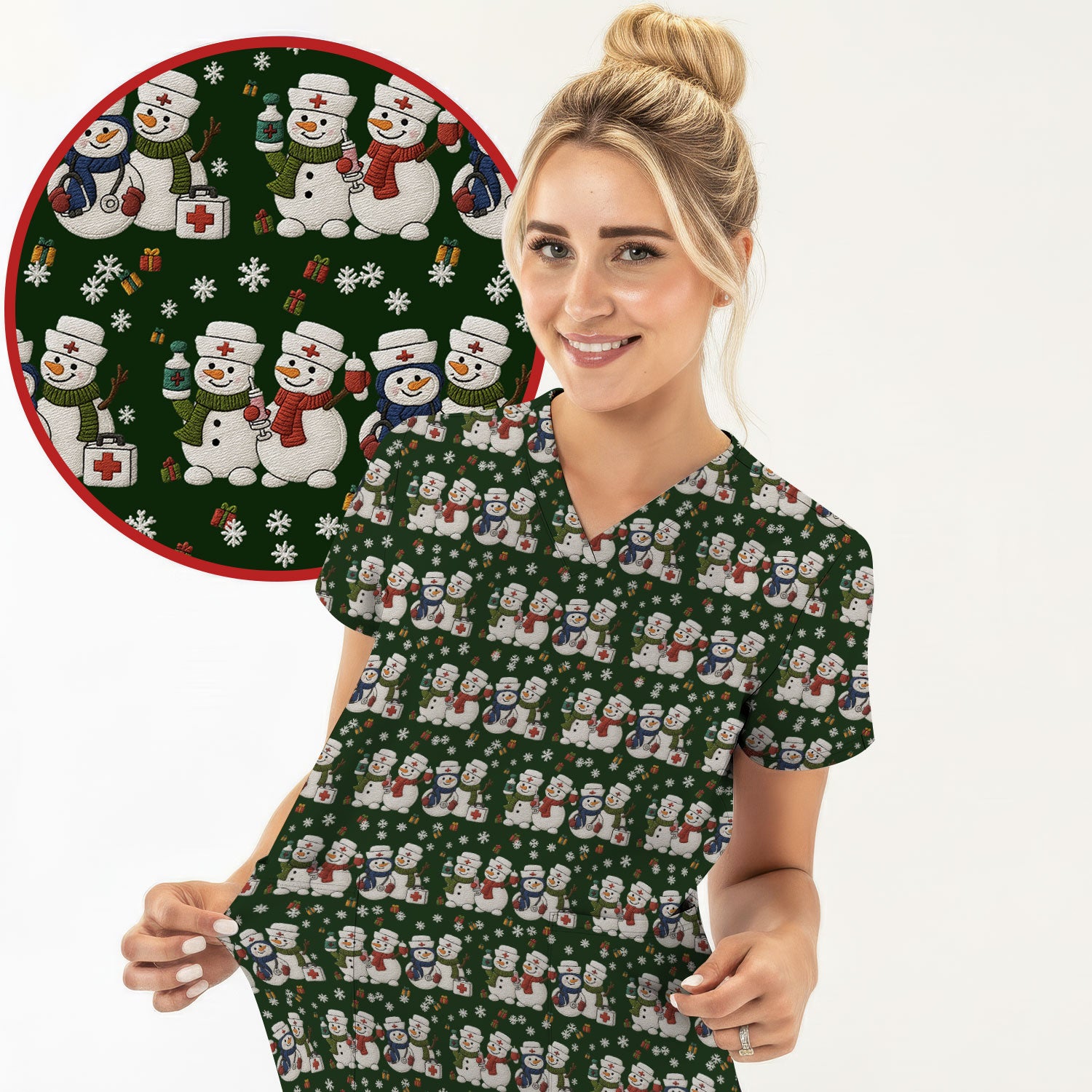 Cute Christmas Snowman Nurse Pattern Scrub Top, Breathable Fabrics Nursing Uniform