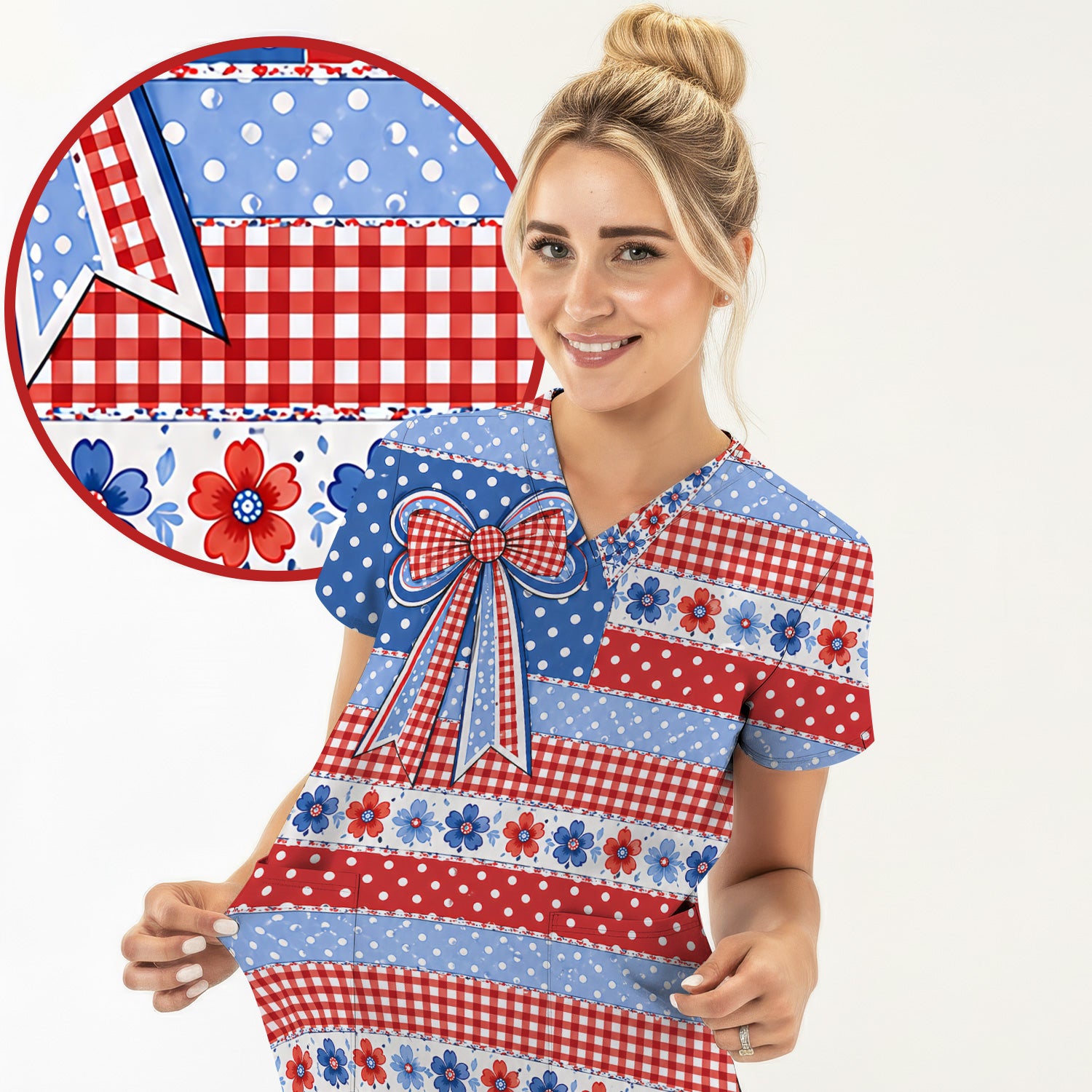 Patriotic Gingham Bow Floral Pattern Scrub Top, Comfortable Scrubs for Nurses