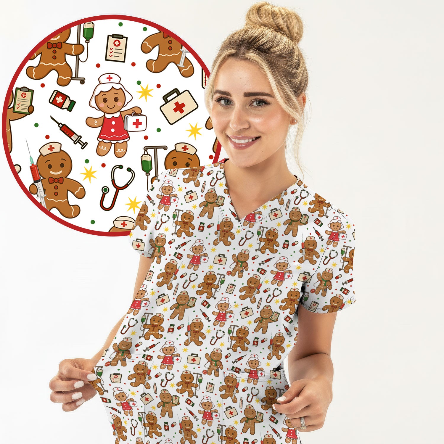 Gingerbread Christmas Nurse Scrub Top - Cute Holiday Cookie Pattern Shirt for Women - Funny Festive Nursing Gift for RN LPN CNA