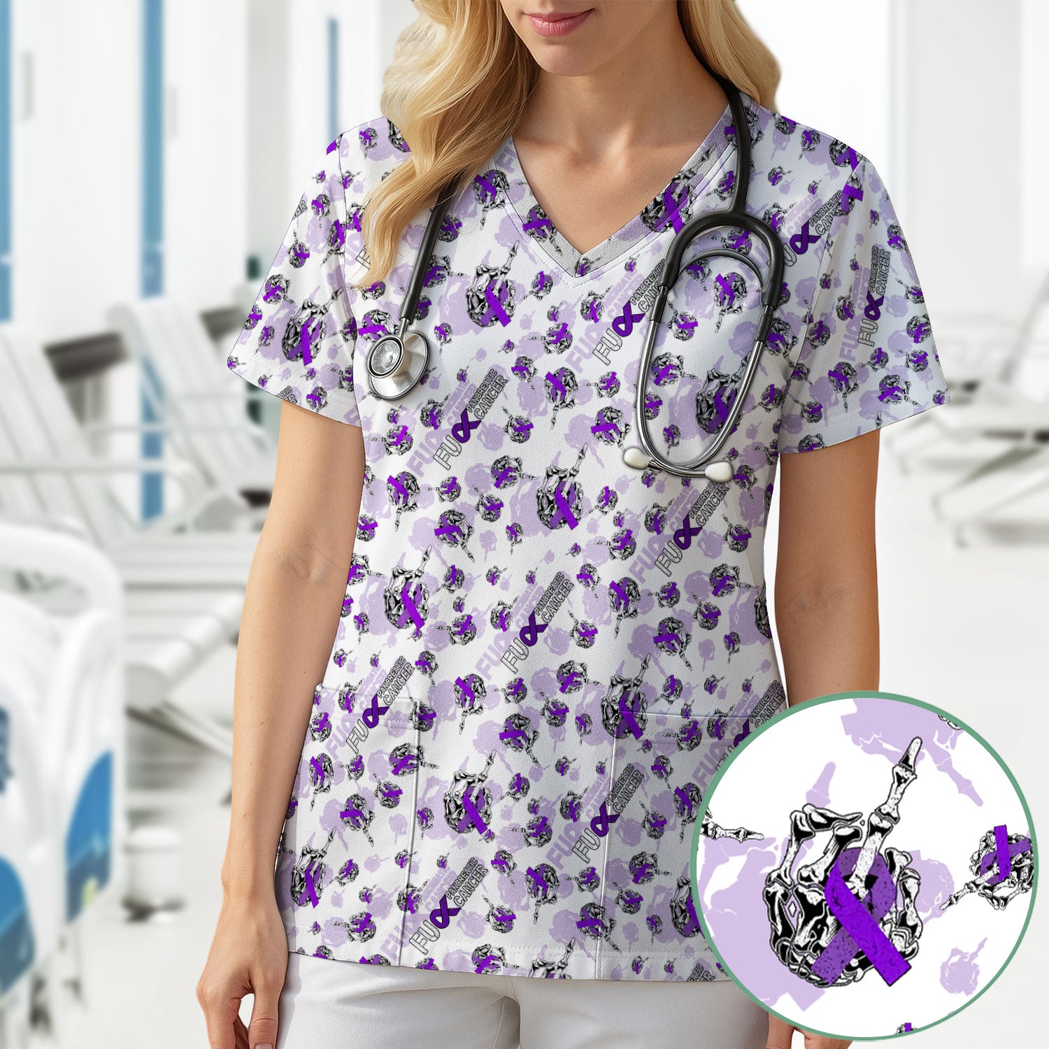 Fuck Pancreatic Cancer Scrub Top - Purple Ribbon Awareness Nurse Shirt - Bold Medical Uniform Gift for Cancer Support Fighters