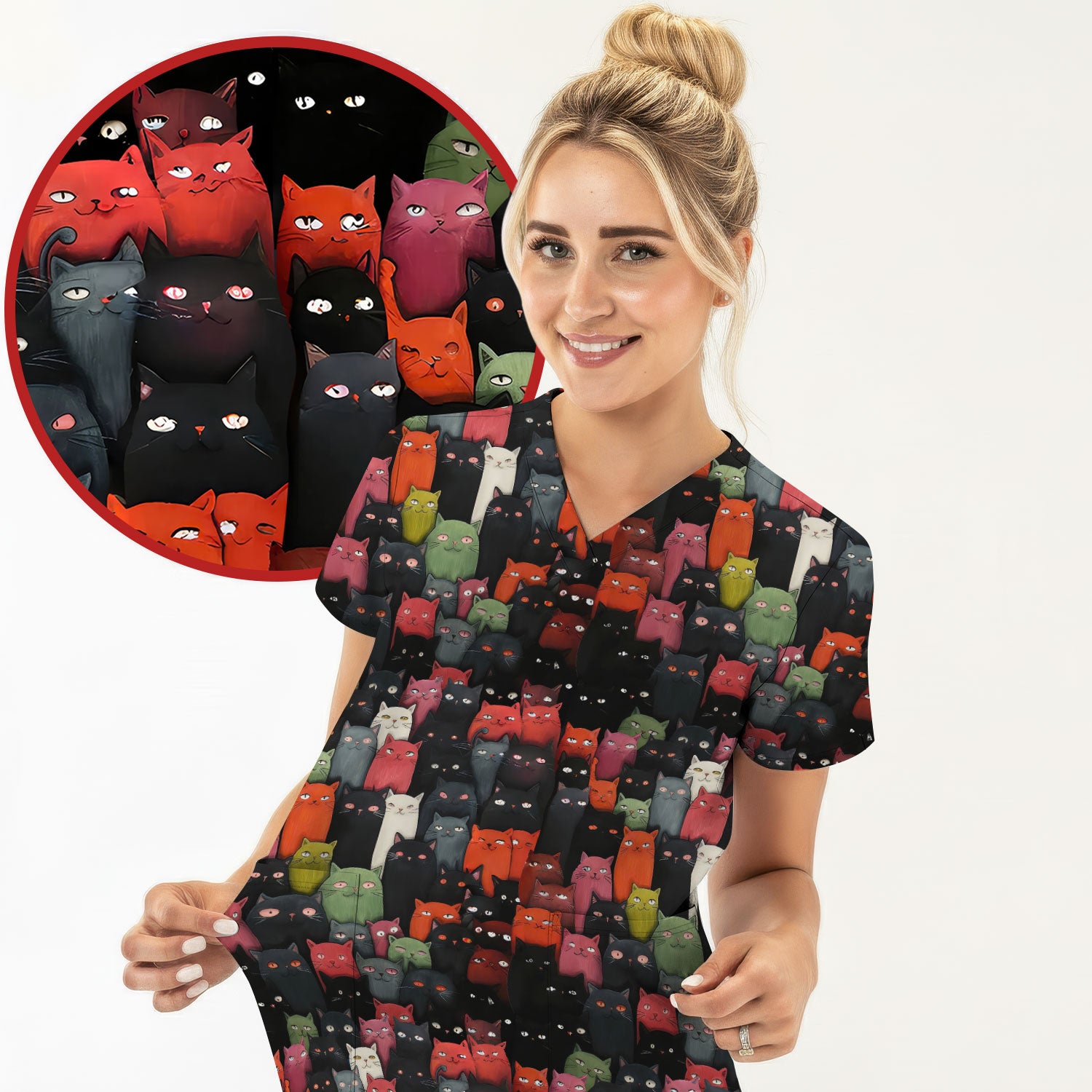 Cat Pattern Nurse Scrub Top, Artistic Cat Nurses Shirt For Women, Breathable Fabrics Nursing Uniform