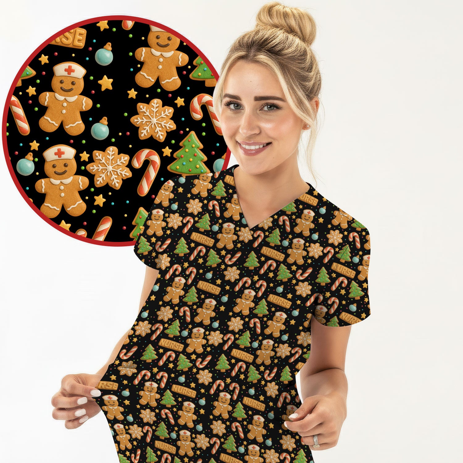 Gingerbread Scrubs Christmas Edition - Cute Cookie Pattern Medical Scrub Top for Women - Holiday Christmas Scrubs with Fun Festive Print