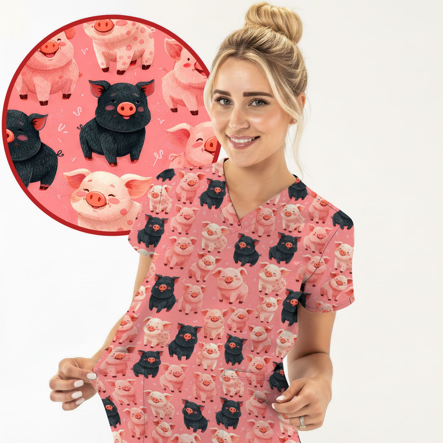 Cartoon Pig Print Scrub Top, Comfortable Medical Scrubs for Nurses