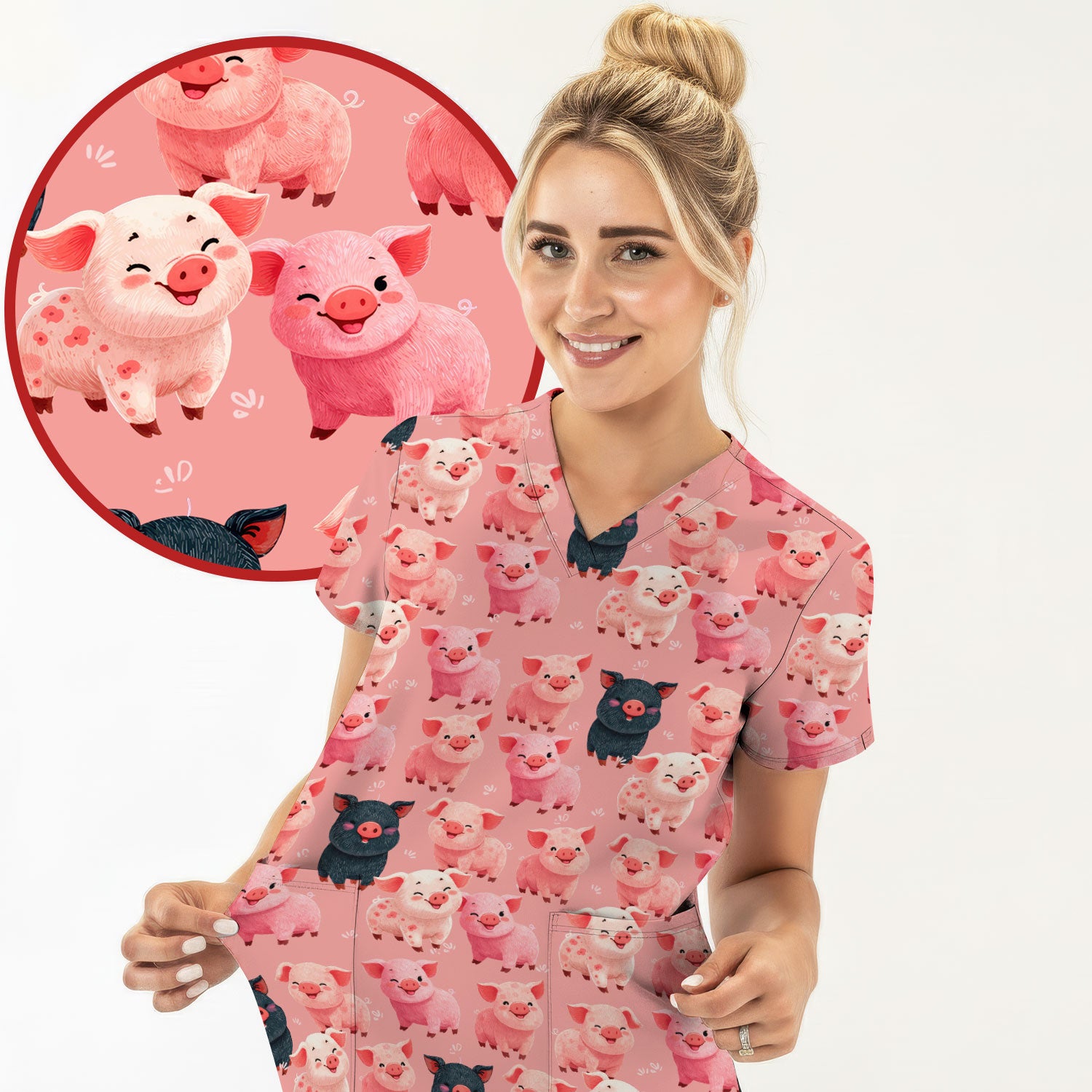 Funny Farm Pig Cartoon Pattern Scrub Top, Comfortable Scrubs for Nurses