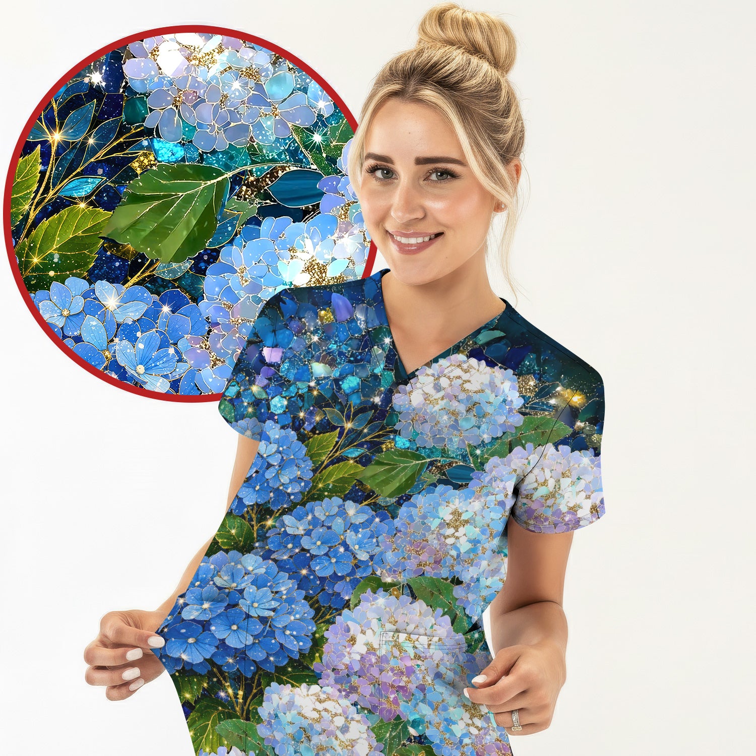 Blue Hydrangea Floral Pattern Scrub Top, Breathable Fabrics Nursing Uniform