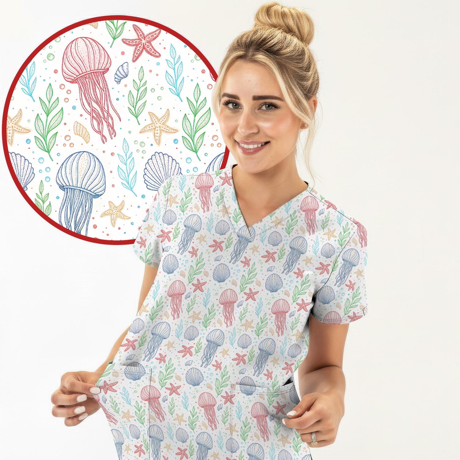 Cute Jellyfish Ocean World Pattern Scrub Top, Comfortable Scrubs for Nurses
