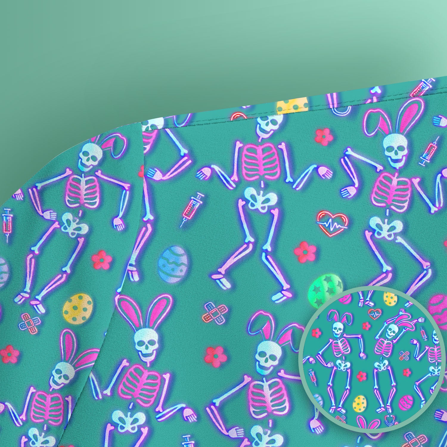 Neon Easter Skeleton Pattern Scrub Top, Comfortable Scrubs for Nurses