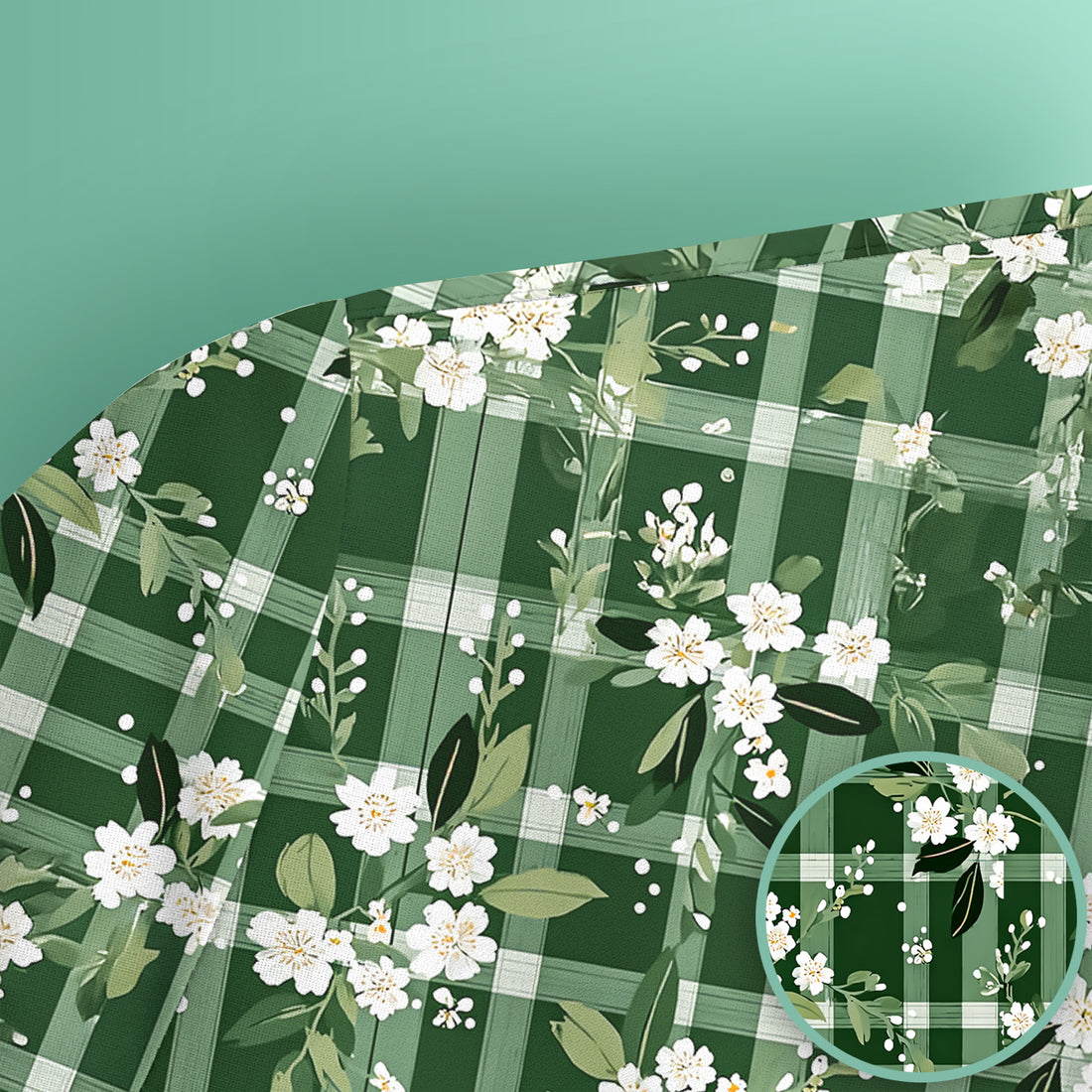 Cute Green Gingham Floral Print Scrub Top, Breathable Fabrics Nursing Uniform