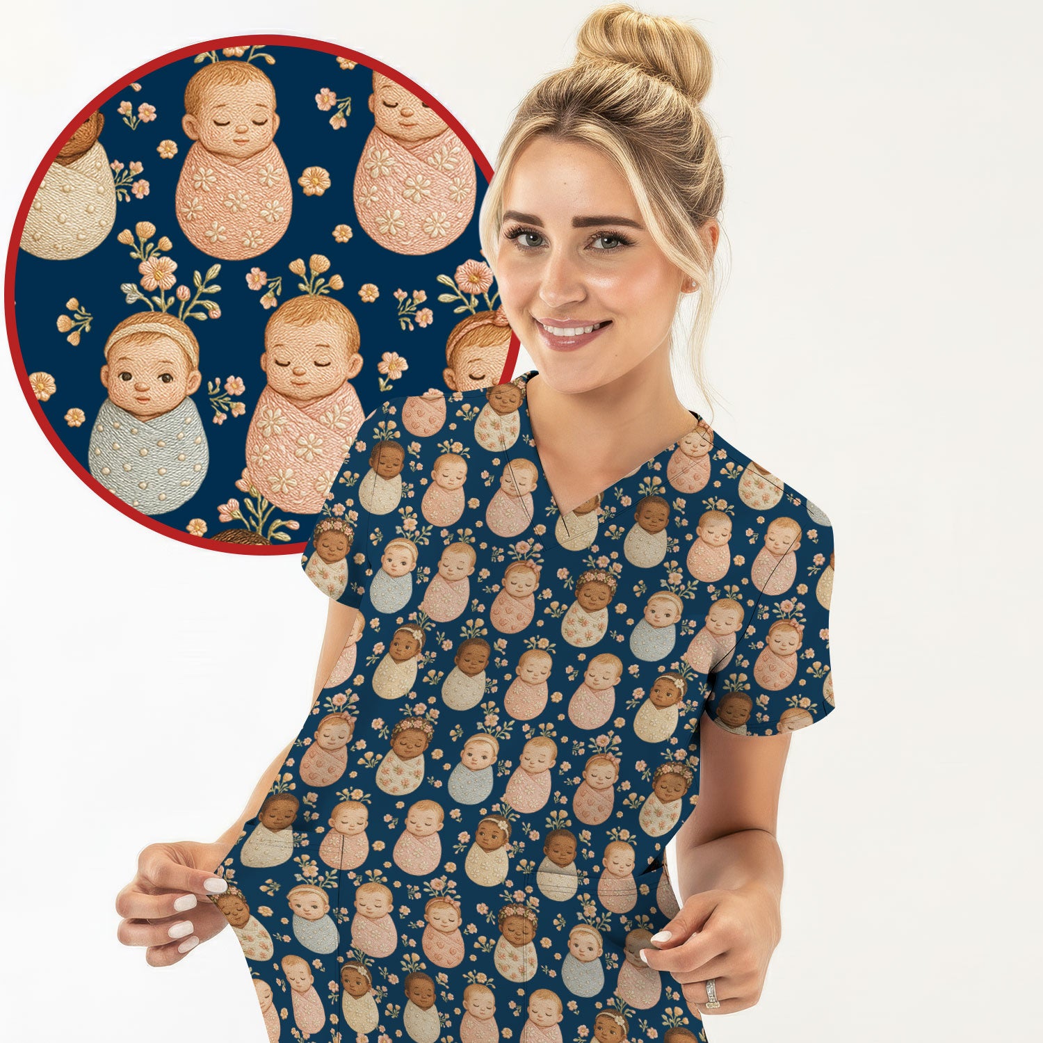 Sweet Newborn Baby Floral Print Nurse Scrub Top, Comfortable Scrubs for Nurses
