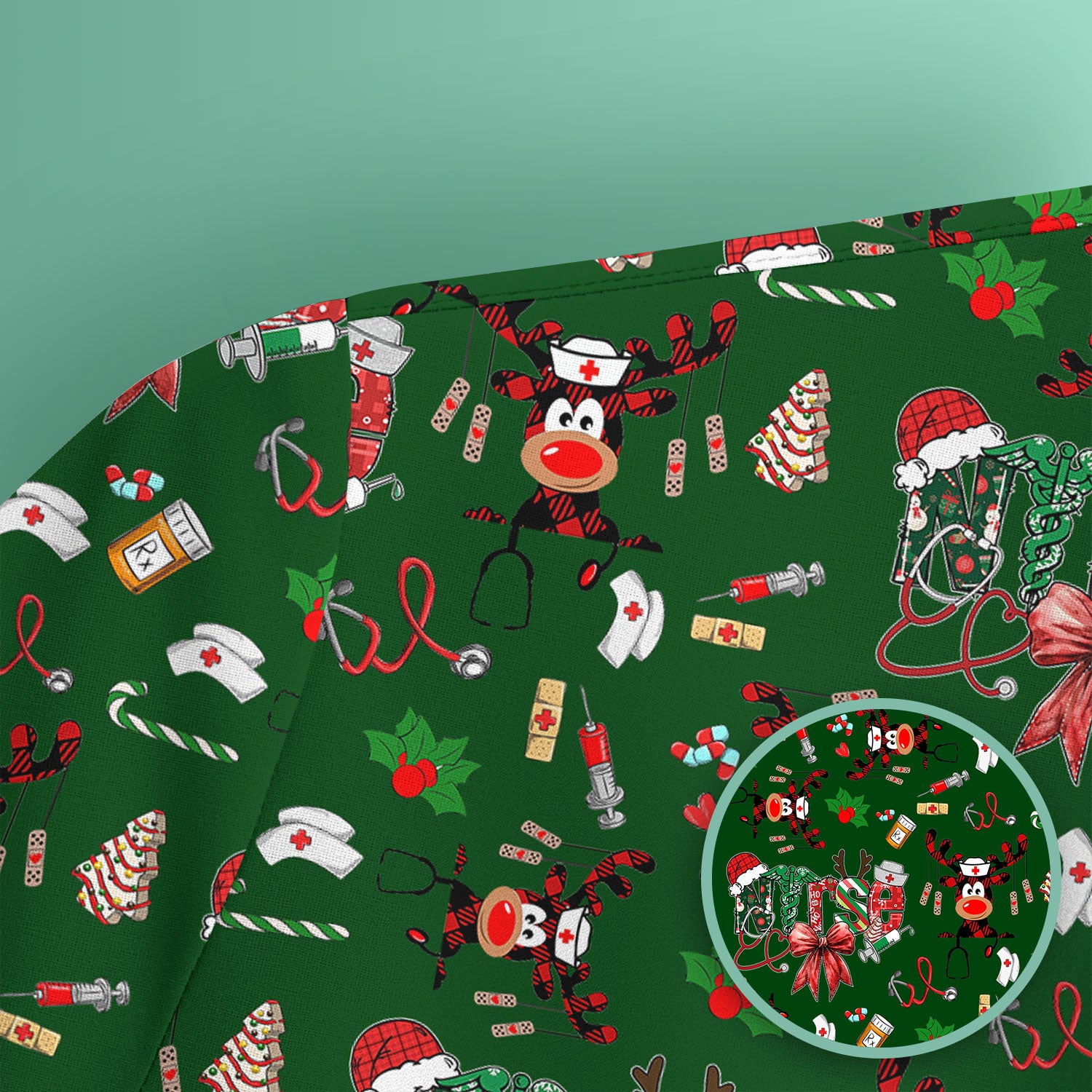 Whimsical Reindeer Christmas Scrub Top – Festive Holiday Reindeer Pattern – Cute Medical Uniform for Nurses, Vets and Healthcare Workers