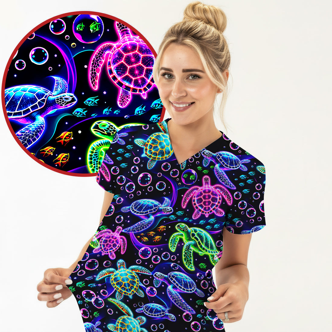 Neon Sea Turtle Swimming Bubble Ocean Scrub Top, Breathable Fabrics Nursing Uniform