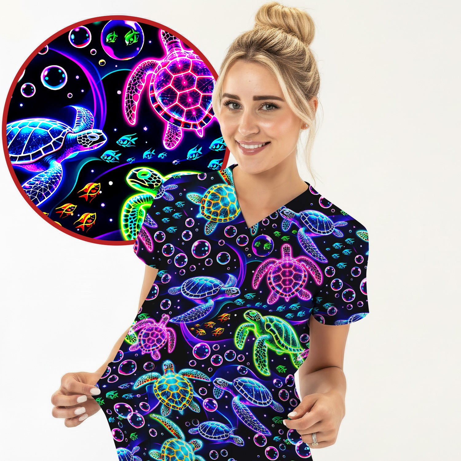 Neon Sea Turtle Swimming Bubble Ocean Scrub Top, Breathable Fabrics Nursing Uniform
