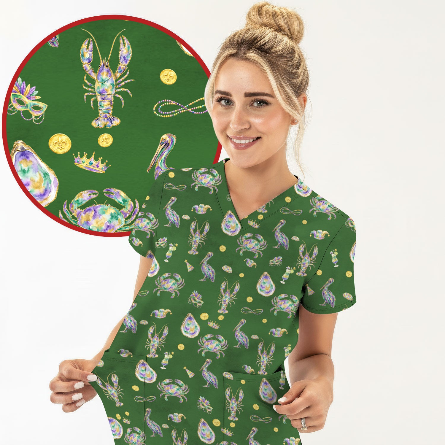 Mardi Gras Seafood Nurse Scrub Top, Comfortable Uniform Scrubs For Nursing