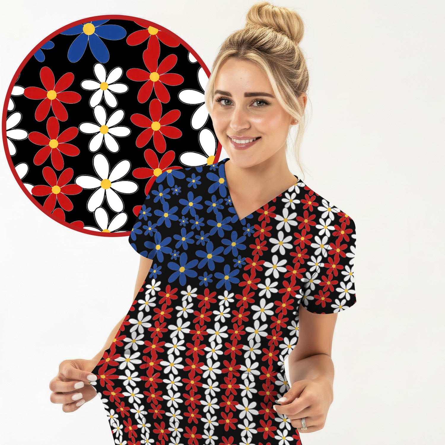Retro Red Blue Daisy Stripe Pattern Scrub Top, Comfortable Scrubs for Nurses