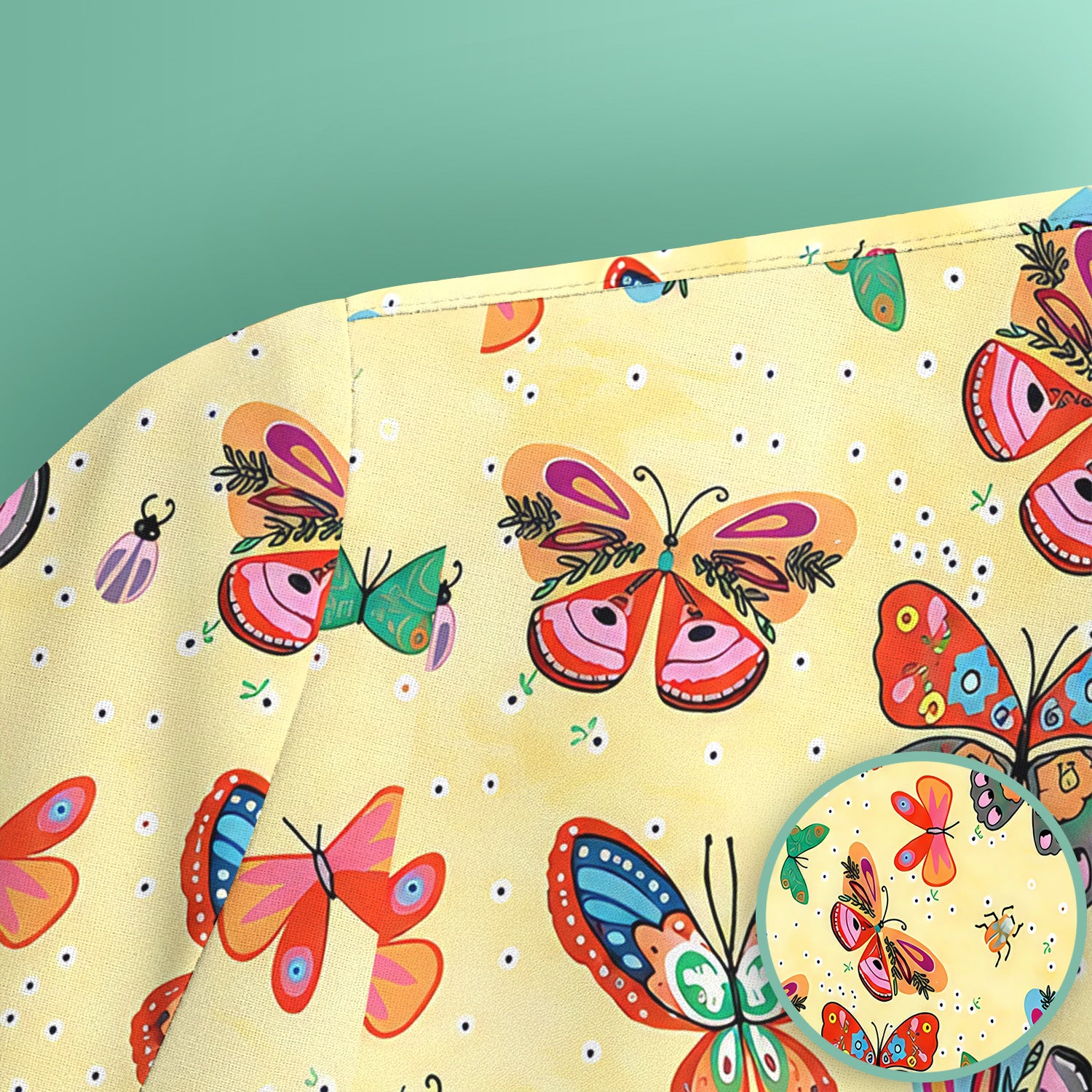 Colorful Butterfly Garden Pattern Scrub Top, Breathable Fabrics Nursing Uniform