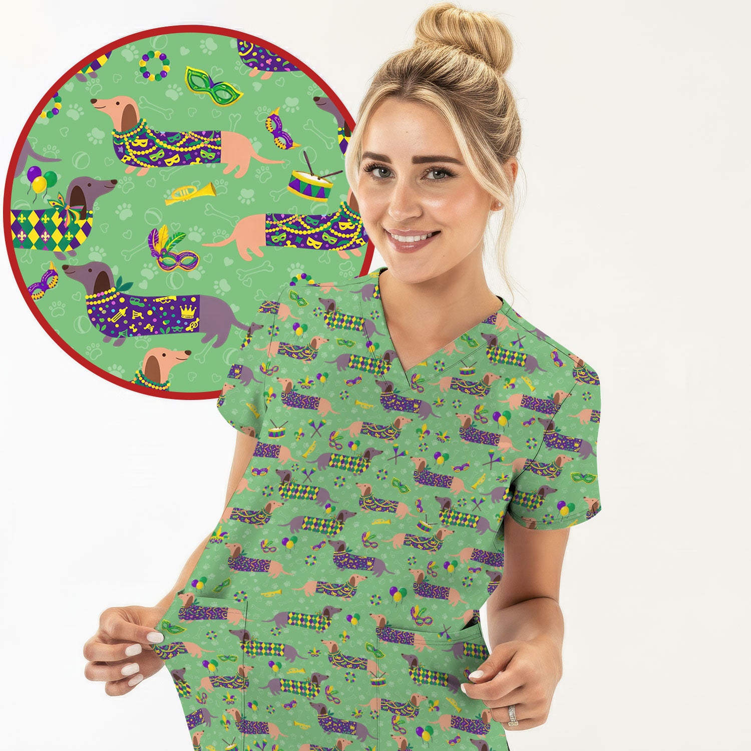 Mardi Gras Dachshund Nurse Scrub Top, Wiener Dog Holiday Pattern Nurses Shirt, Comfortable Uniform Scrubs For Nursing