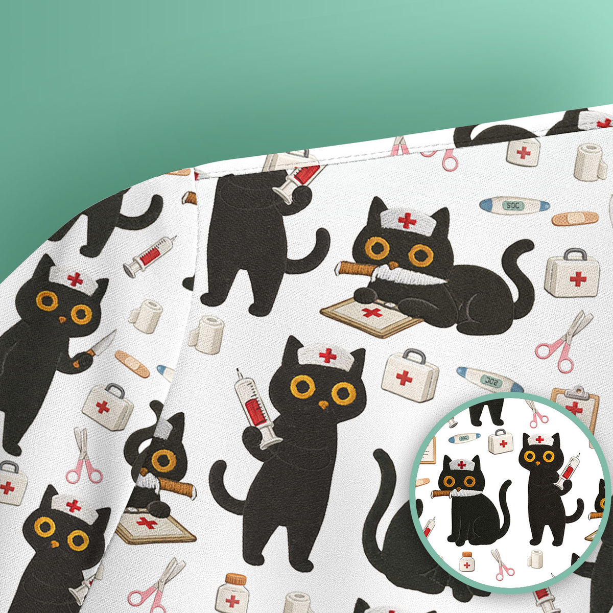 Cute Black Cat Nurse Pattern Scrub Top, Comfortable Scrubs for Nurses