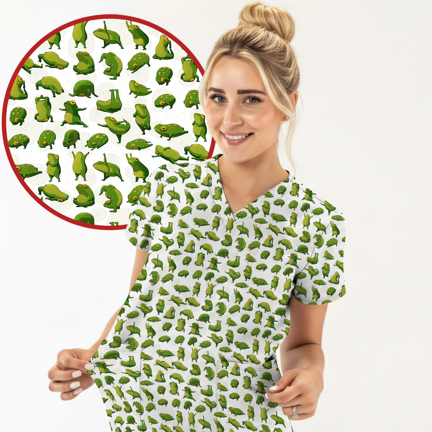 Cute Frog Cartoon Pattern Scrub Top, Comfortable Scrubs for Nurses