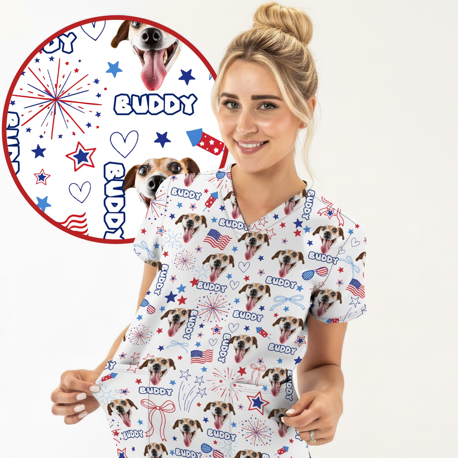 Custom Face Dog Scrub Top, Personalized Patriotic Dog Face Name Pattern Shirt, Breathable Fabrics Nursing Uniform