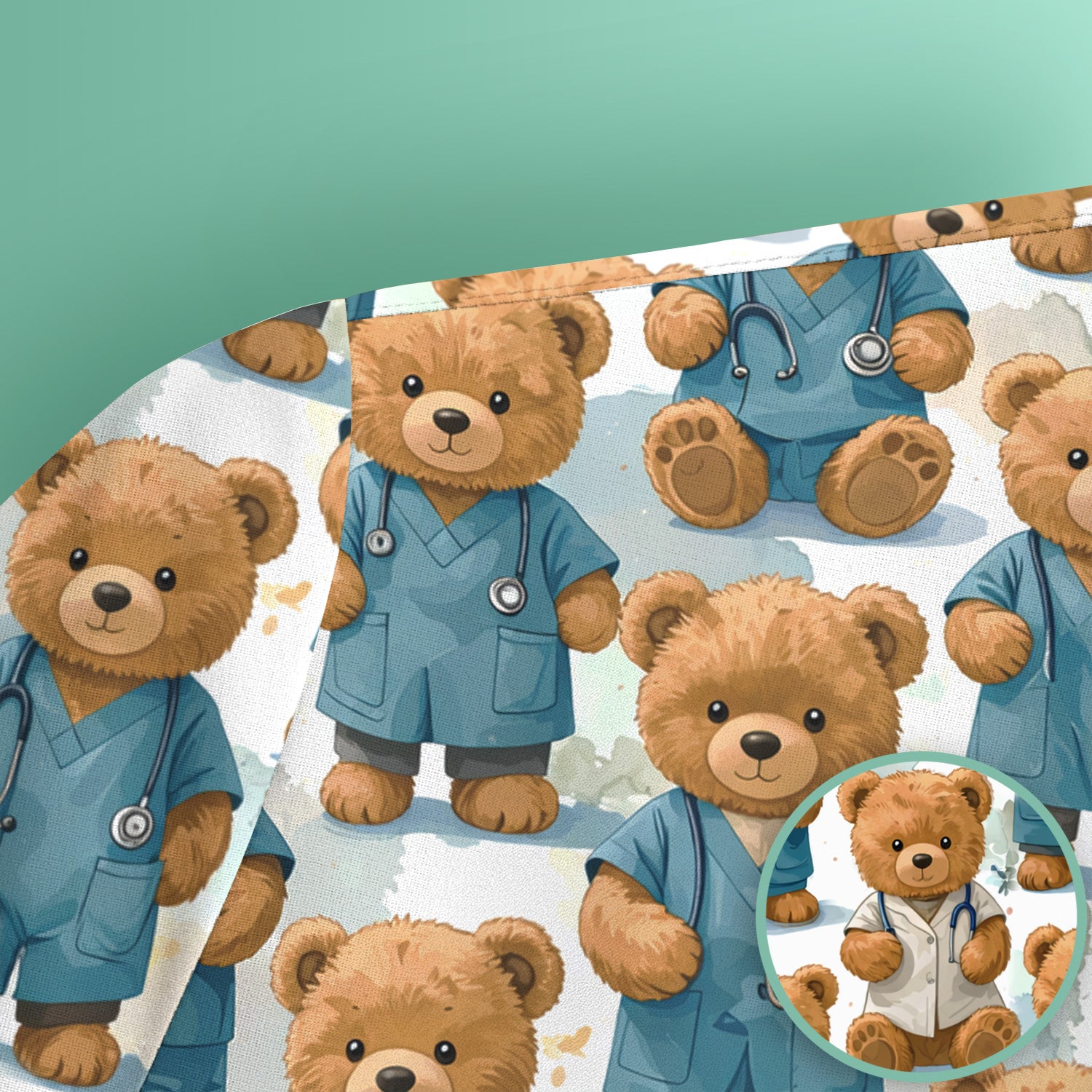 Teddy Bear Doctor Character Pattern Scrub Top, Comfortable Scrubs for Nurses