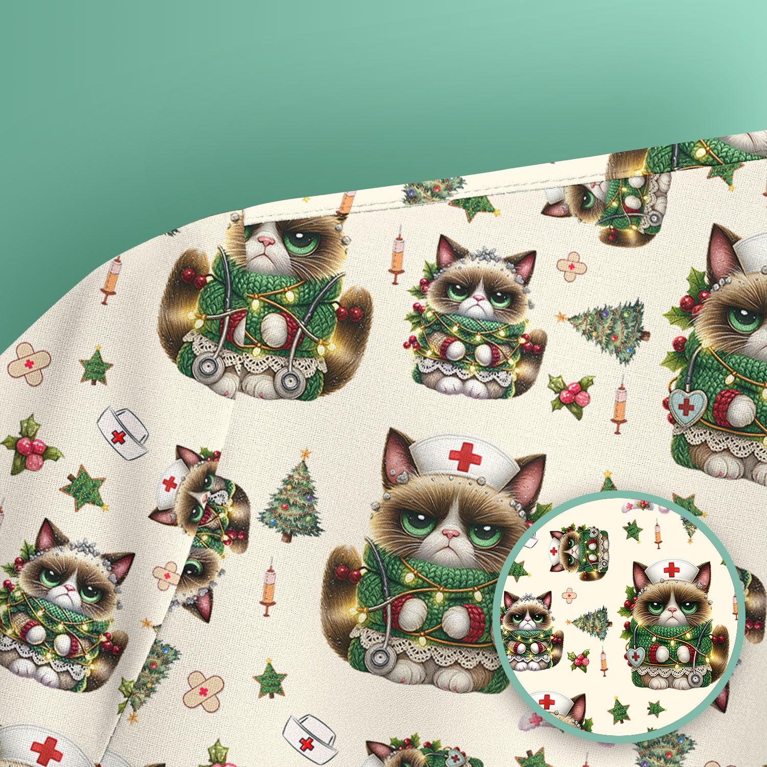 Christmas Nurse Scrub Top - Funny Cat Nursing Shirt - Cute Holiday Medical Uniform for Women RN LPN CNA
