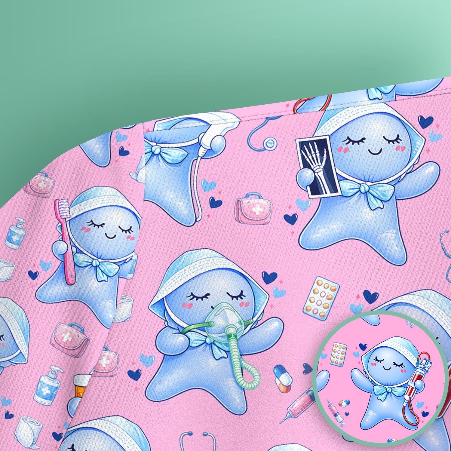 Cute Tooth Character Dental Tools Caring Pattern Scrub Top, Breathable Fabrics Nursing Uniform