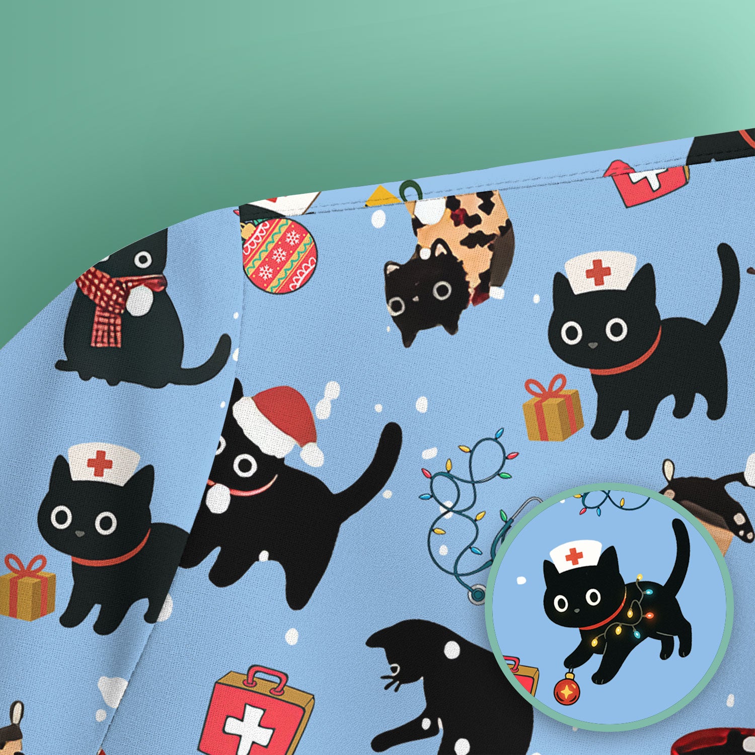 Christmas Cat Scrub Top for Nurse - Funny Black Cats Shirt - Cute Holiday Medical Uniform for Women