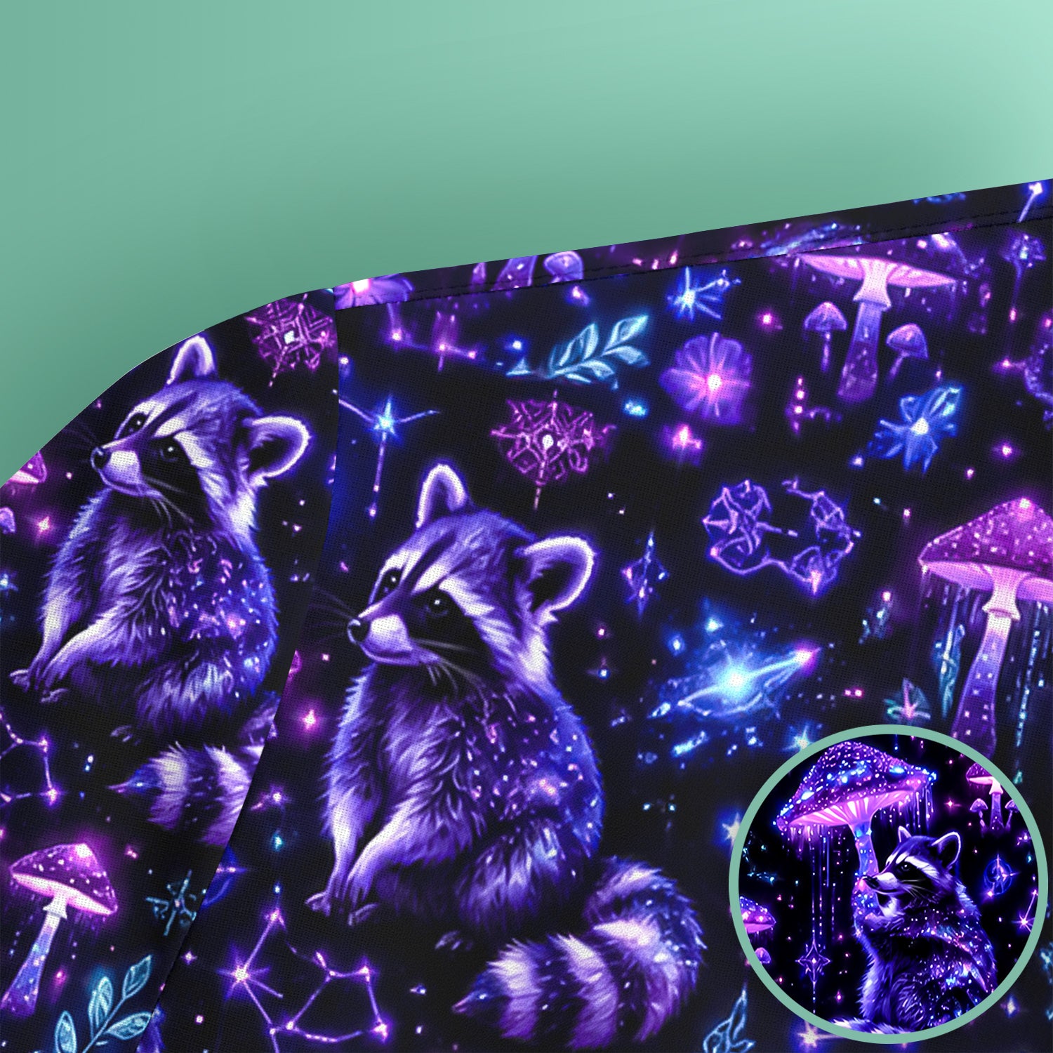 Cosmic Raccoon Mushroom Print Scrub Top, Comfortable Scrubs for Nurses