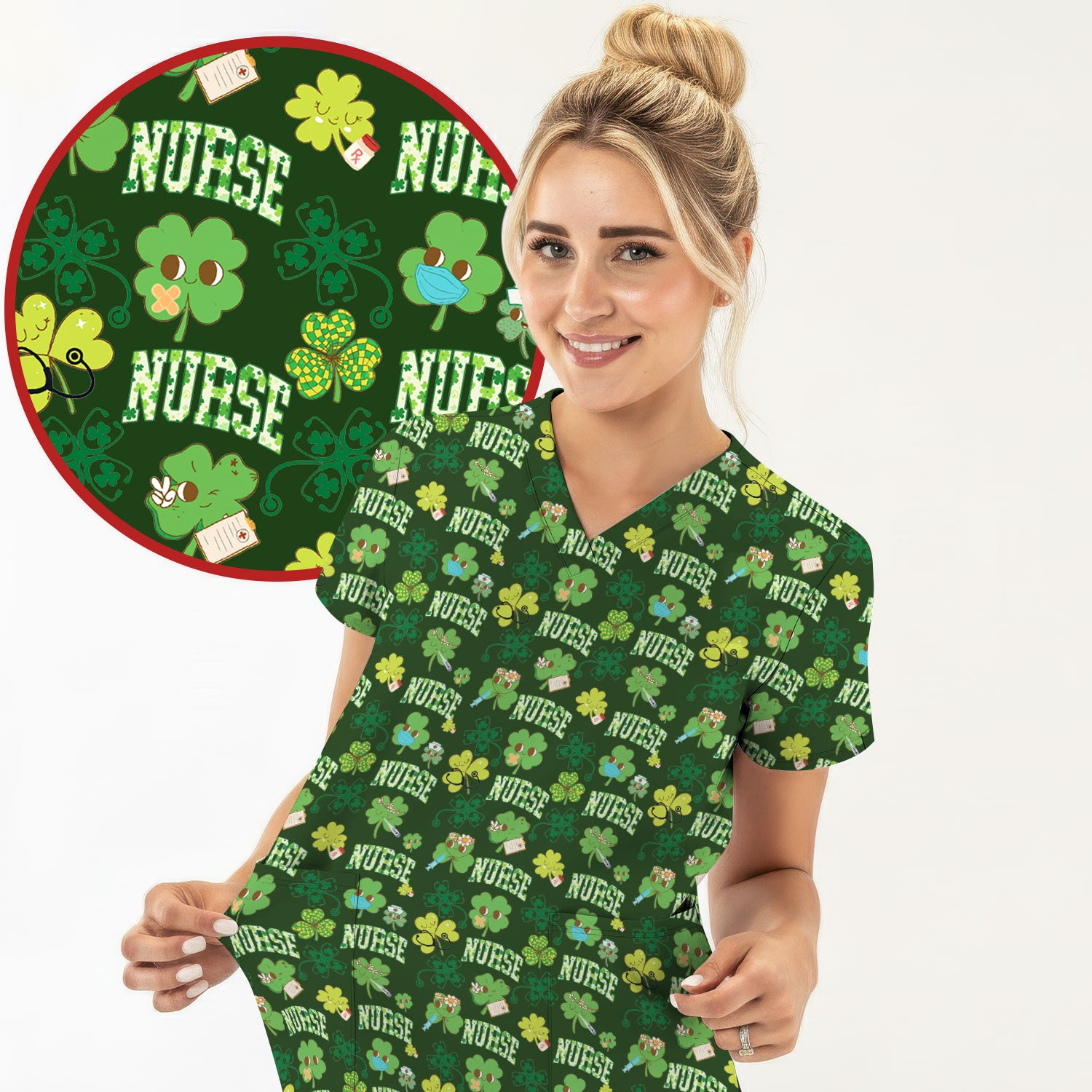 Lucky Shamrock Nurse Scrub Top, St. Patrick’s Day Nursing Shirt, Breathable Fabrics Nursing Uniform