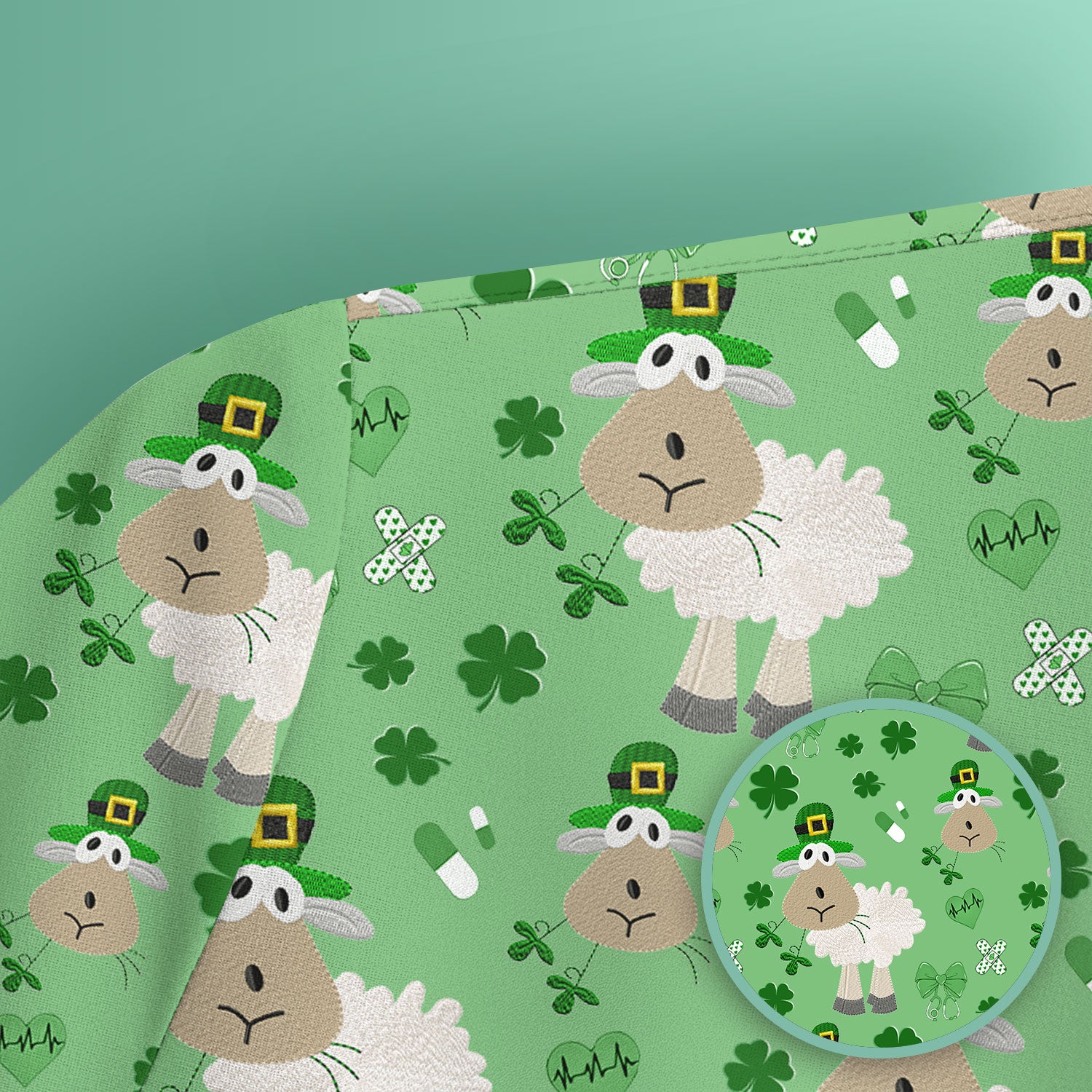 Nurse St. Patrick Scrubs Top, Cute Sheep Shamrock Pattern Nurse Shirt, Breathable Fabrics Nursing Uniform