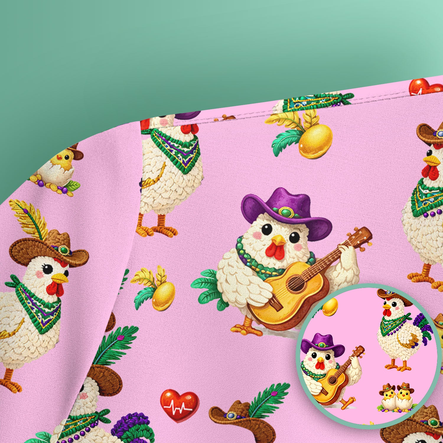 Funny Mardi Gras Rooster Cowboy Print Scrub Top, Comfortable Scrubs for Nurses