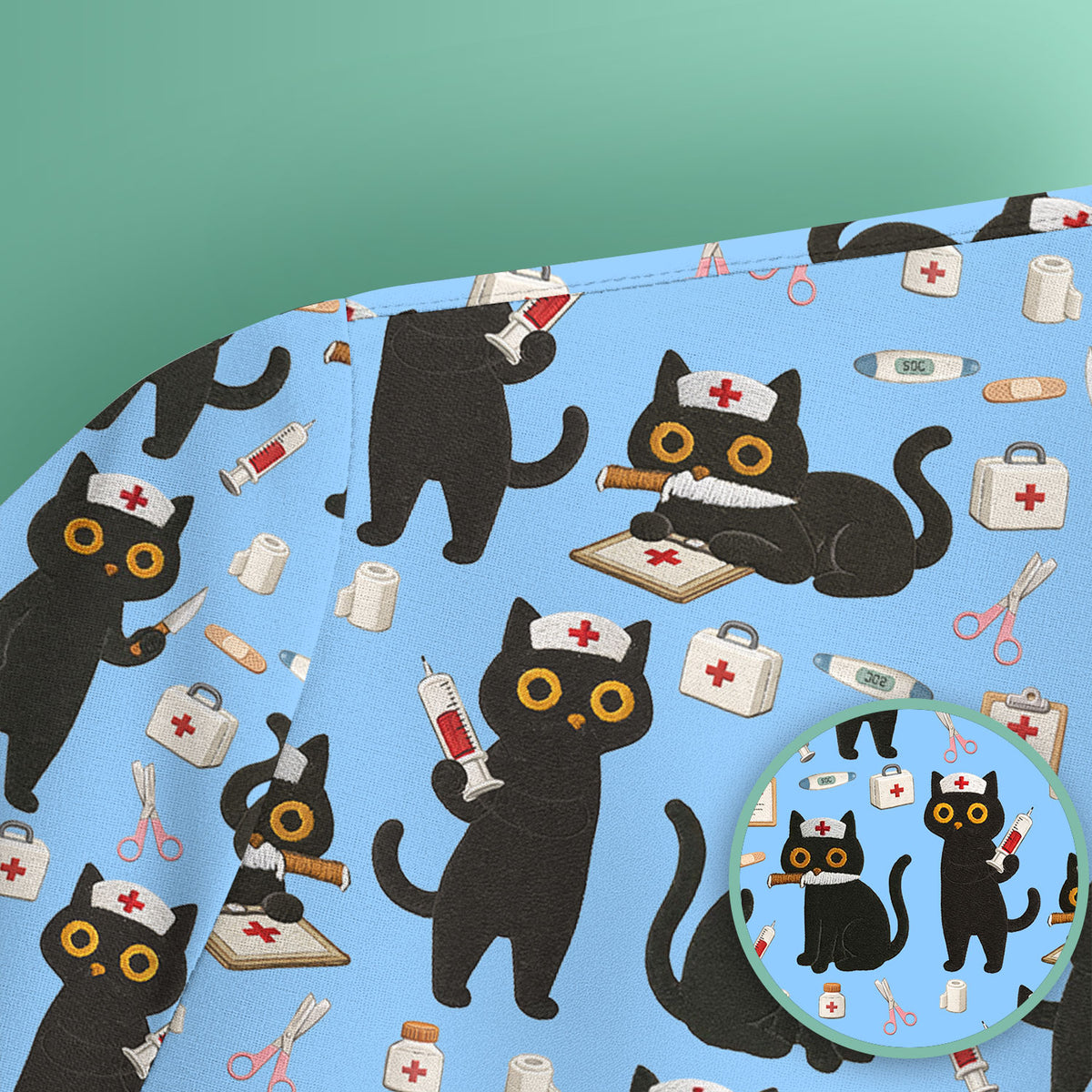 Cute Black Cat Nurse Pattern Scrub Top, Comfortable Scrubs for Nurses