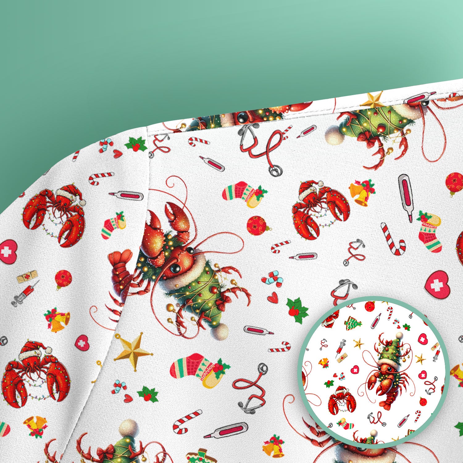 Whimsical Crawfish Christmas Scrub Top – Southern Christmas Cajun Holiday Crawfish Pattern – Cute Medical Uniform for Nurses, Vets And Healthcare Workers