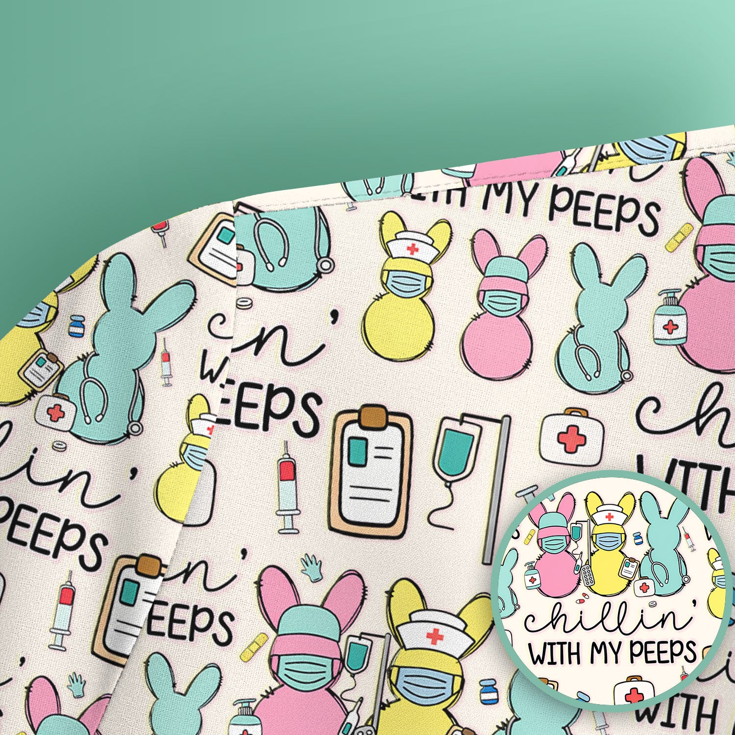 Cute Bunny Nurse Chillin With My Peeps Scrub Top, Comfortable Scrubs for Nurses, Easter