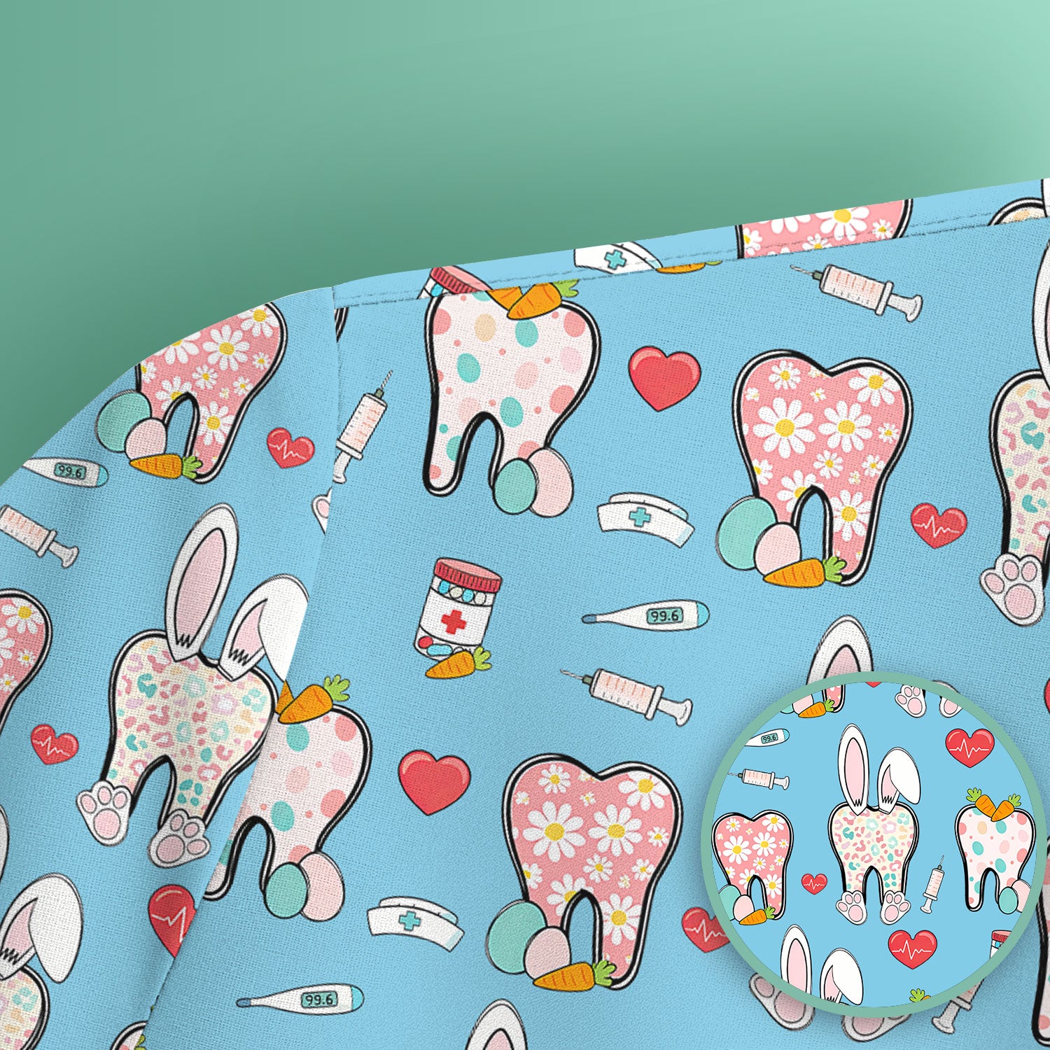 Playful Bunny Dentist Illustration Medical Scrub Top, Comfortable Scrubs for Nurses, Easter