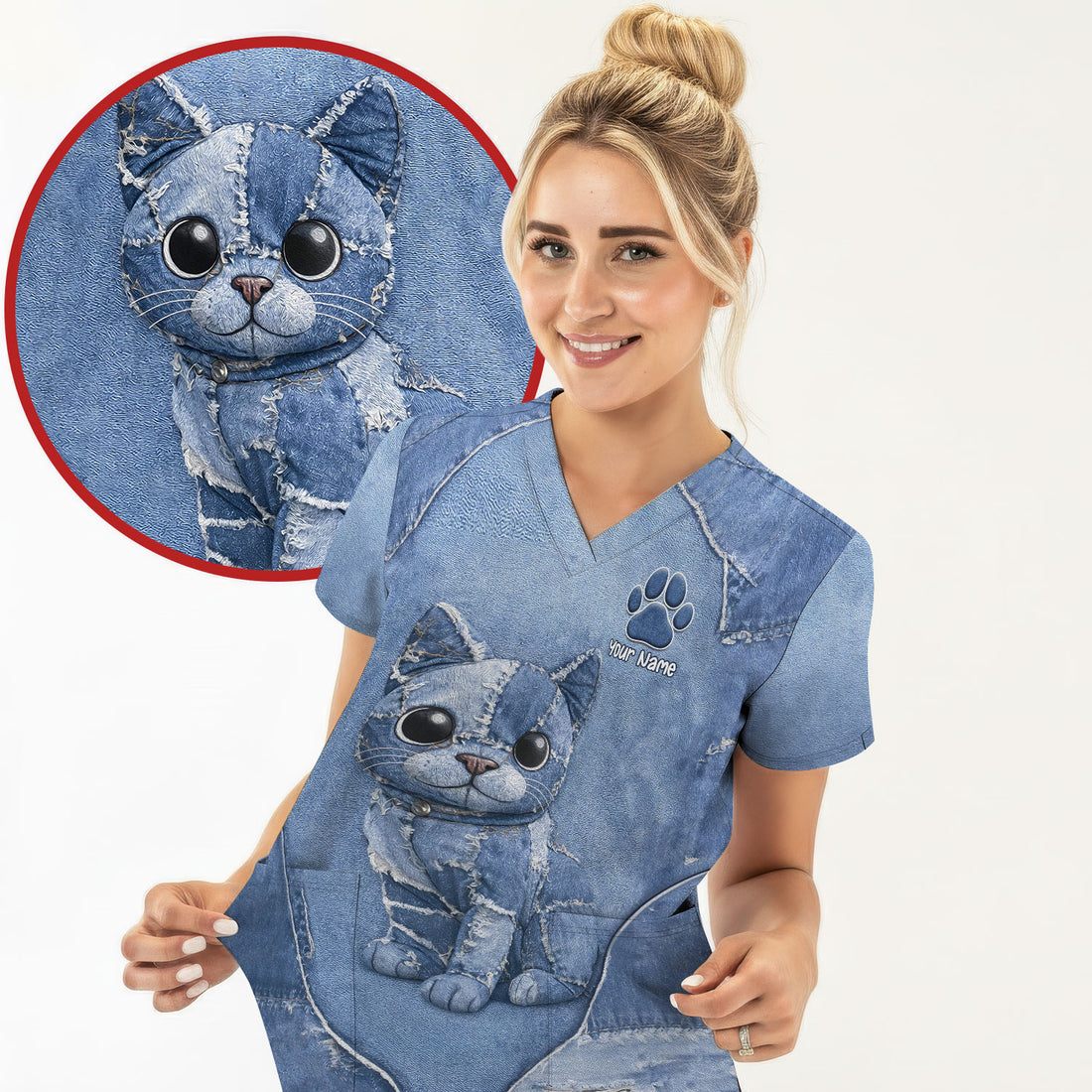 Personalized Patchwork Denim Cat Nurse Pattern Scrub Top, Breathable Fabrics Nursing Uniform